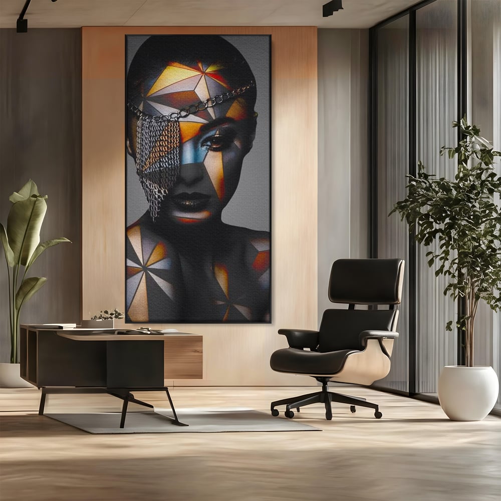 Tablou Canvas Premium, LuxCanva® J1028, Prizoniera in Stralucire, Mister, Lanturi, Chip, Identitate, Femeie, Portret, Privire, Fotomodel, Revista, Glamour, Living, Dormitor