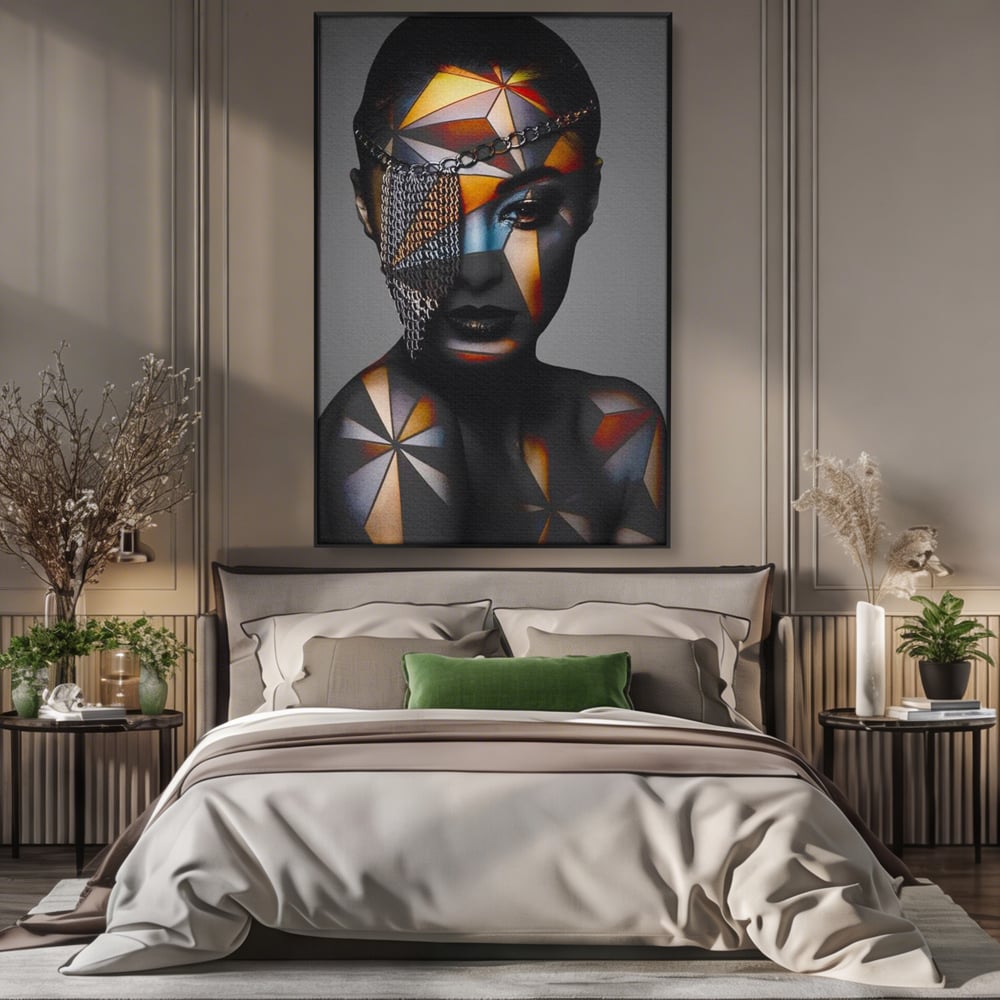 Tablou Canvas Premium, LuxCanva® J1028, Prizoniera in Stralucire, Mister, Lanturi, Chip, Identitate, Femeie, Portret, Privire, Fotomodel, Revista, Glamour, Living, Dormitor