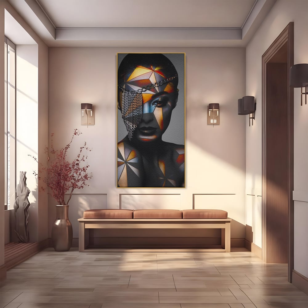 Tablou Canvas Premium, LuxCanva® J1028, Prizoniera in Stralucire, Mister, Lanturi, Chip, Identitate, Femeie, Portret, Privire, Fotomodel, Revista, Glamour, Living, Dormitor
