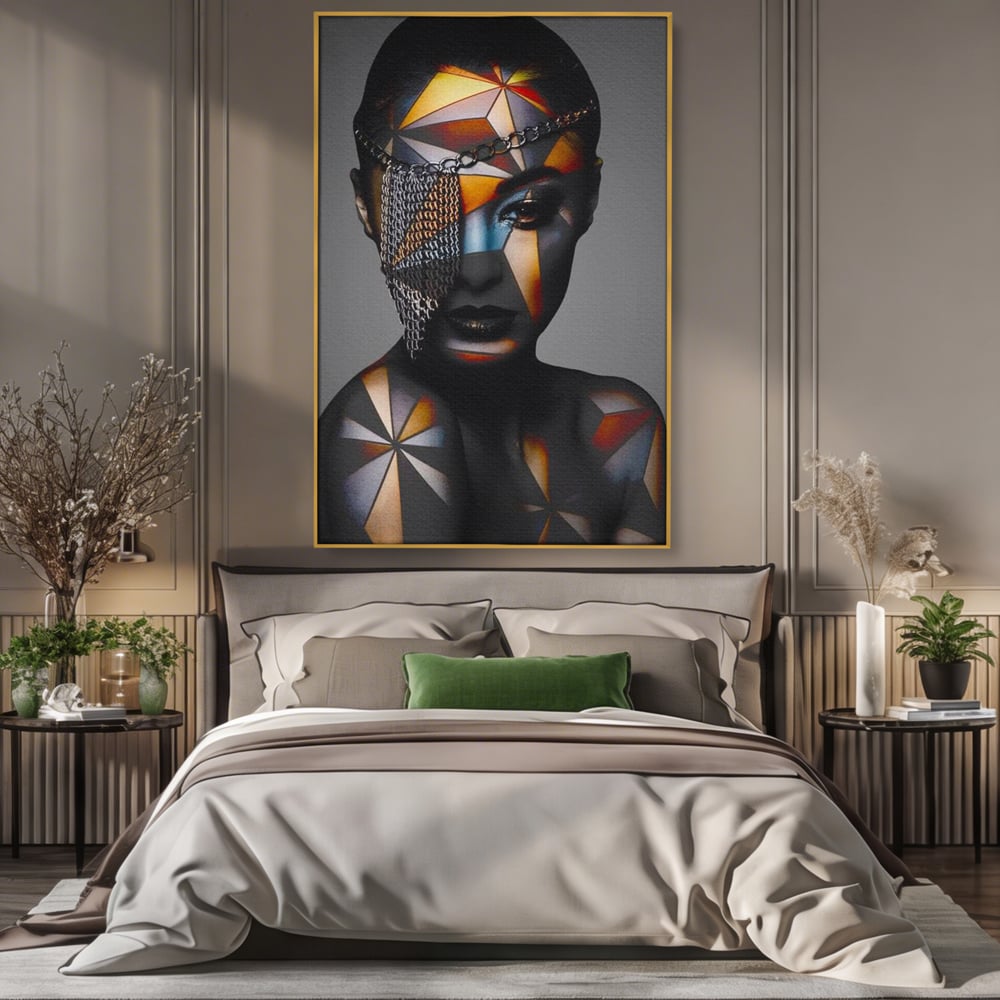 Tablou Canvas Premium, LuxCanva® J1028, Prizoniera in Stralucire, Mister, Lanturi, Chip, Identitate, Femeie, Portret, Privire, Fotomodel, Revista, Glamour, Living, Dormitor
