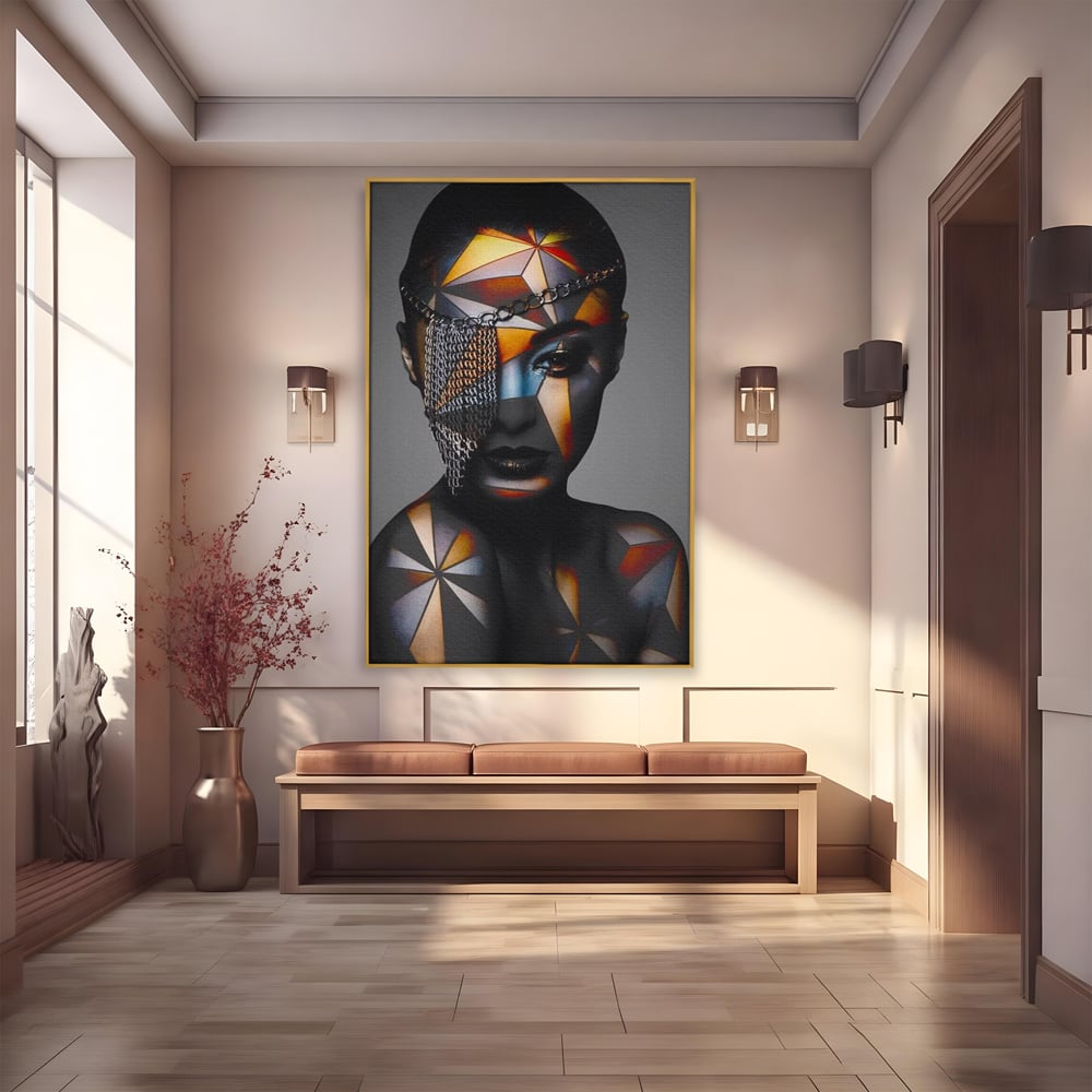 Tablou Canvas Premium, LuxCanva® J1028, Prizoniera in Stralucire, Mister, Lanturi, Chip, Identitate, Femeie, Portret, Privire, Fotomodel, Revista, Glamour, Living, Dormitor