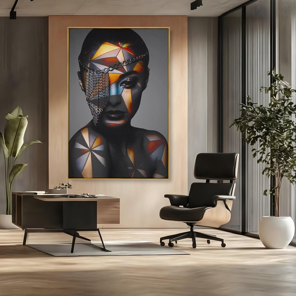 Tablou Canvas Premium, LuxCanva® J1028, Prizoniera in Stralucire, Mister, Lanturi, Chip, Identitate, Femeie, Portret, Privire, Fotomodel, Revista, Glamour, Living, Dormitor