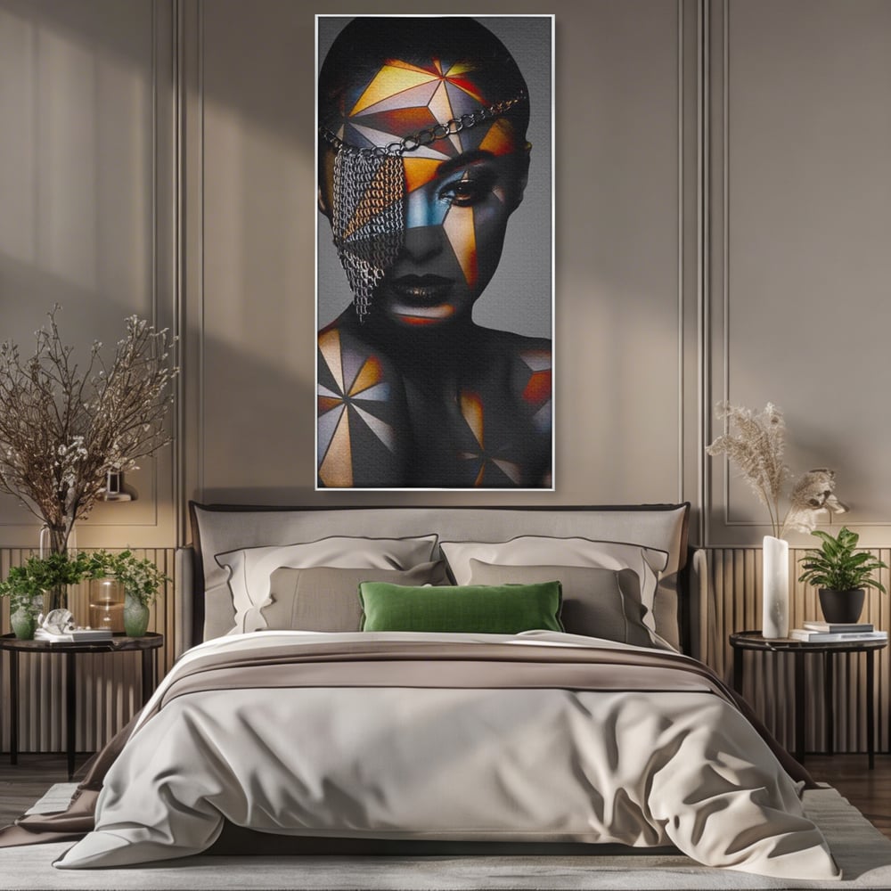 Tablou Canvas Premium, LuxCanva® J1028, Prizoniera in Stralucire, Mister, Lanturi, Chip, Identitate, Femeie, Portret, Privire, Fotomodel, Revista, Glamour, Living, Dormitor