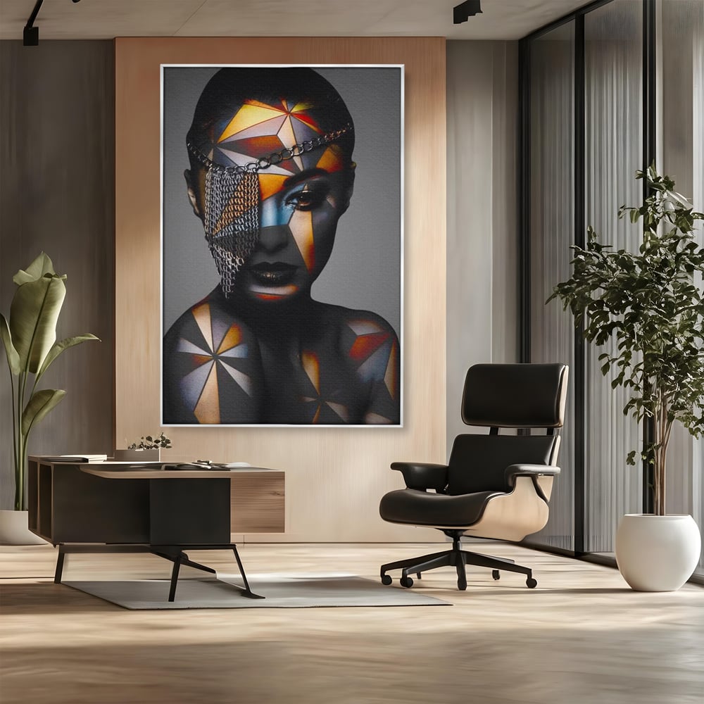 Tablou Canvas Premium, LuxCanva® J1028, Prizoniera in Stralucire, Mister, Lanturi, Chip, Identitate, Femeie, Portret, Privire, Fotomodel, Revista, Glamour, Living, Dormitor