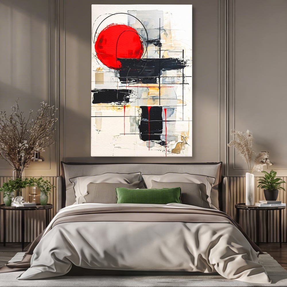 Tablou Canvas Premium, LuxCanva® J1029, Cercul Vietii, Energie, Foc, Abstract, Rosu, Negru, Cercuri, Explozie, Contrast, Pasiune, Minimalism, Geometrie, Living, Dormitor