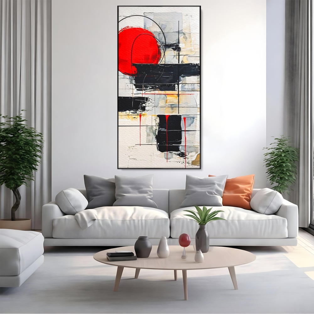 Tablou Canvas Premium, LuxCanva® J1029, Cercul Vietii, Energie, Foc, Abstract, Rosu, Negru, Cercuri, Explozie, Contrast, Pasiune, Minimalism, Geometrie, Living, Dormitor