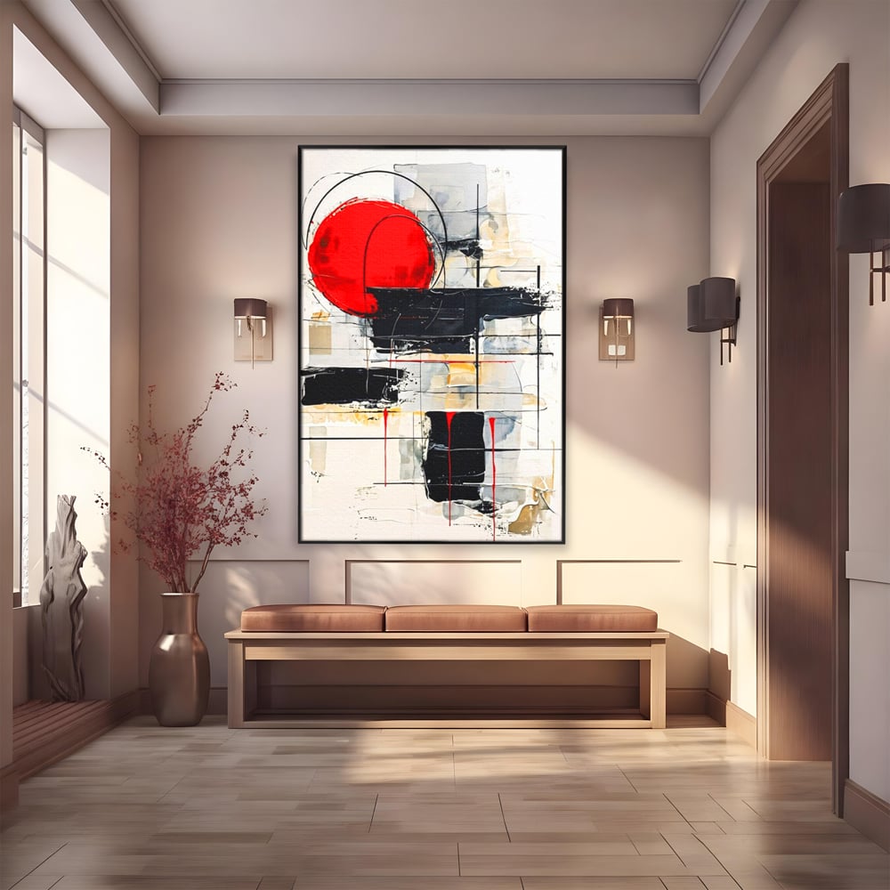 Tablou Canvas Premium, LuxCanva® J1029, Cercul Vietii, Energie, Foc, Abstract, Rosu, Negru, Cercuri, Explozie, Contrast, Pasiune, Minimalism, Geometrie, Living, Dormitor