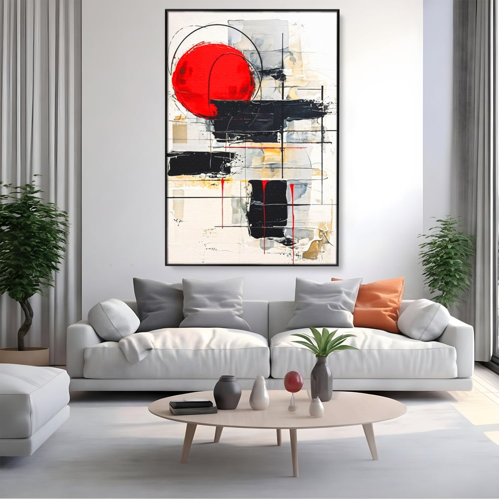 Tablou Canvas Premium, LuxCanva® J1029, Cercul Vietii, Energie, Foc, Abstract, Rosu, Negru, Cercuri, Explozie, Contrast, Pasiune, Minimalism, Geometrie, Living, Dormitor