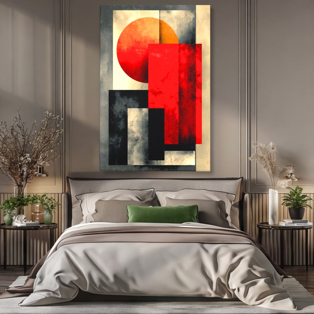Leinwand Premium Canvas Wandkunst, LuxCanva® J1030, Gebrannter Granit, Gebäude, Sonne, Wände, Solar, Solar, Konstruktion, Rot, Schwarz, Aufprall, Abstrakt, Künstler, Architektur, Wohnen, Schlafzimmer