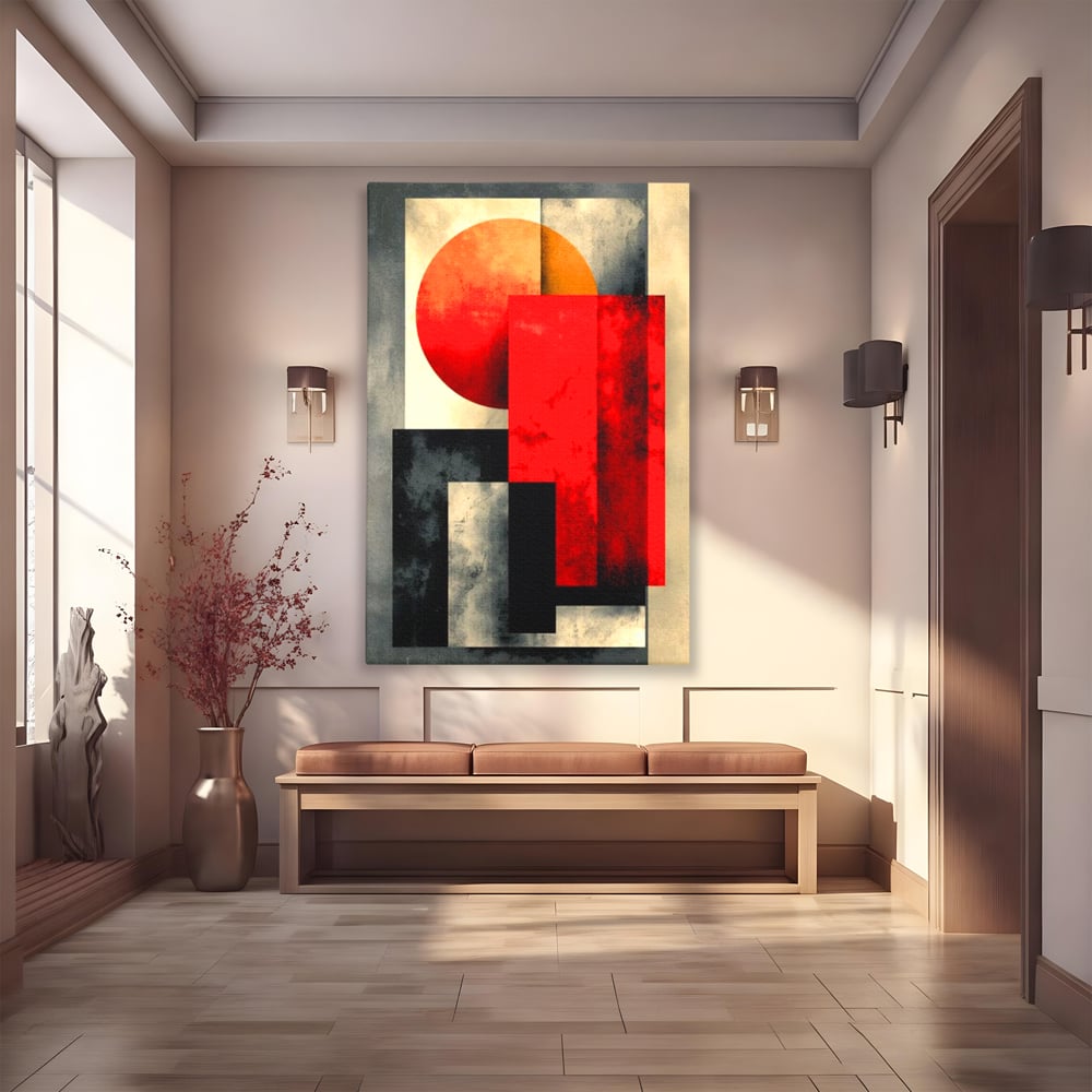 Leinwand Premium Canvas Wandkunst, LuxCanva® J1030, Gebrannter Granit, Gebäude, Sonne, Wände, Solar, Solar, Konstruktion, Rot, Schwarz, Aufprall, Abstrakt, Künstler, Architektur, Wohnen, Schlafzimmer