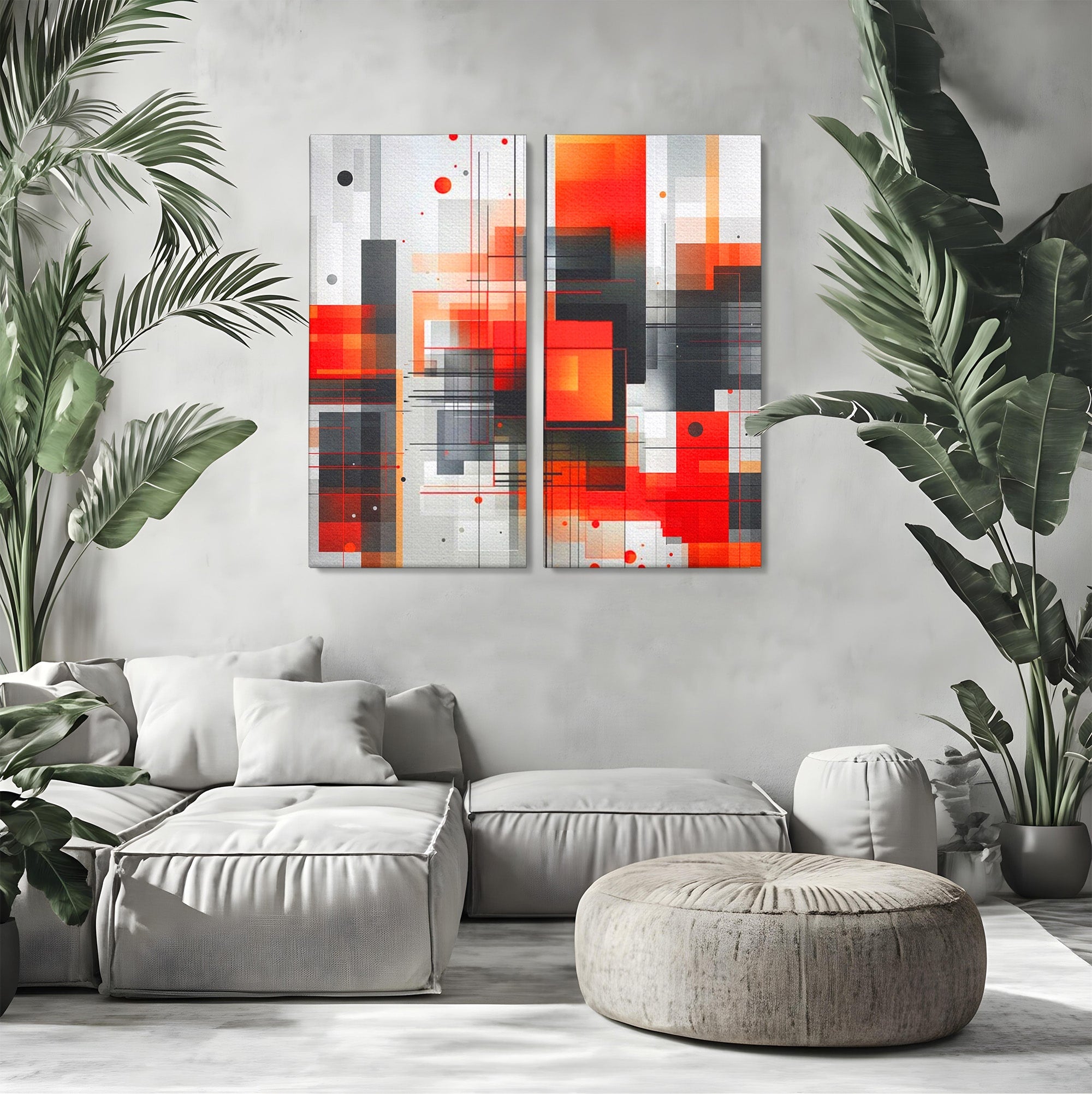 Set 2 Tablouri Canvas Premium LuxCanva® J2-1003, Metropola In Rosu, Structuri, Forme, Grile, Linii, Armonie, Digital, Tehnic, Dinamism, Haotic, Industrial, Living, Dormitor