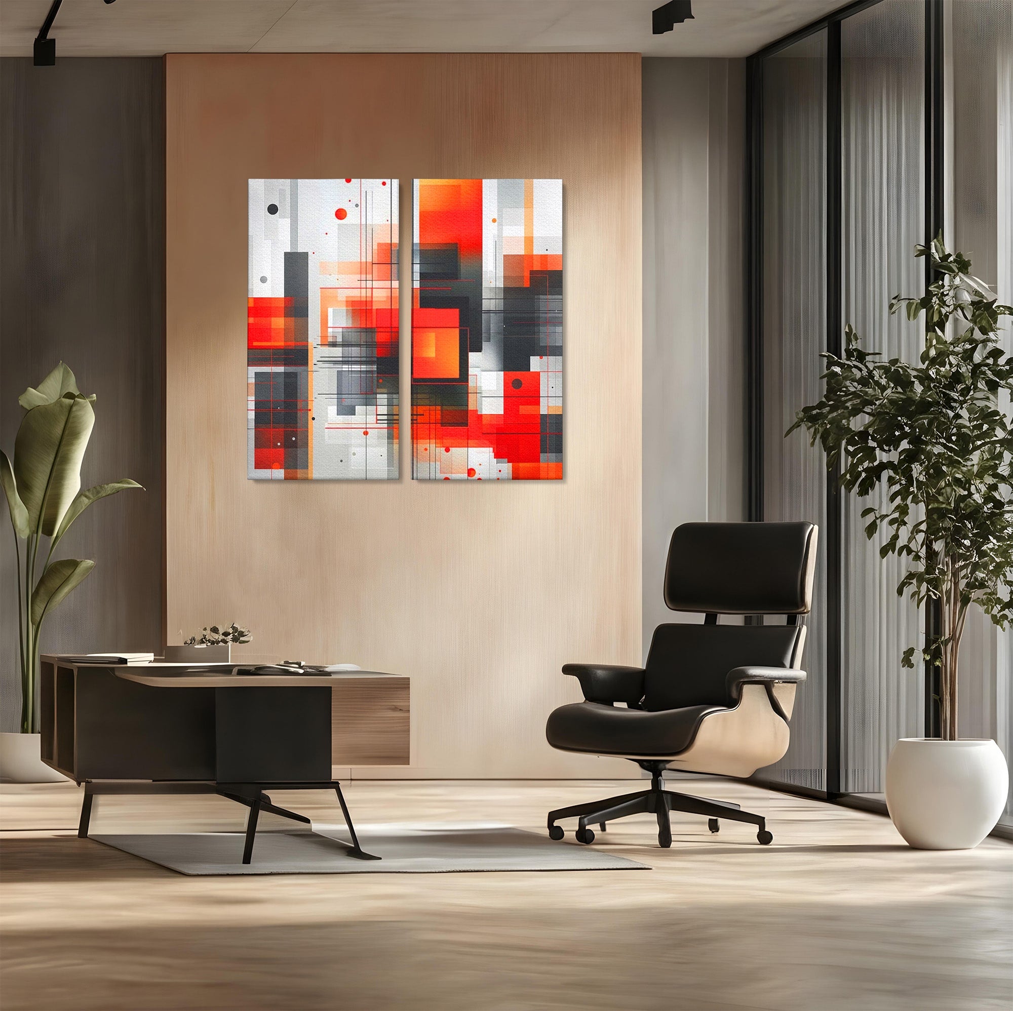 Set 2 Tablouri Canvas Premium LuxCanva® J2-1003, Metropola In Rosu, Structuri, Forme, Grile, Linii, Armonie, Digital, Tehnic, Dinamism, Haotic, Industrial, Living, Dormitor