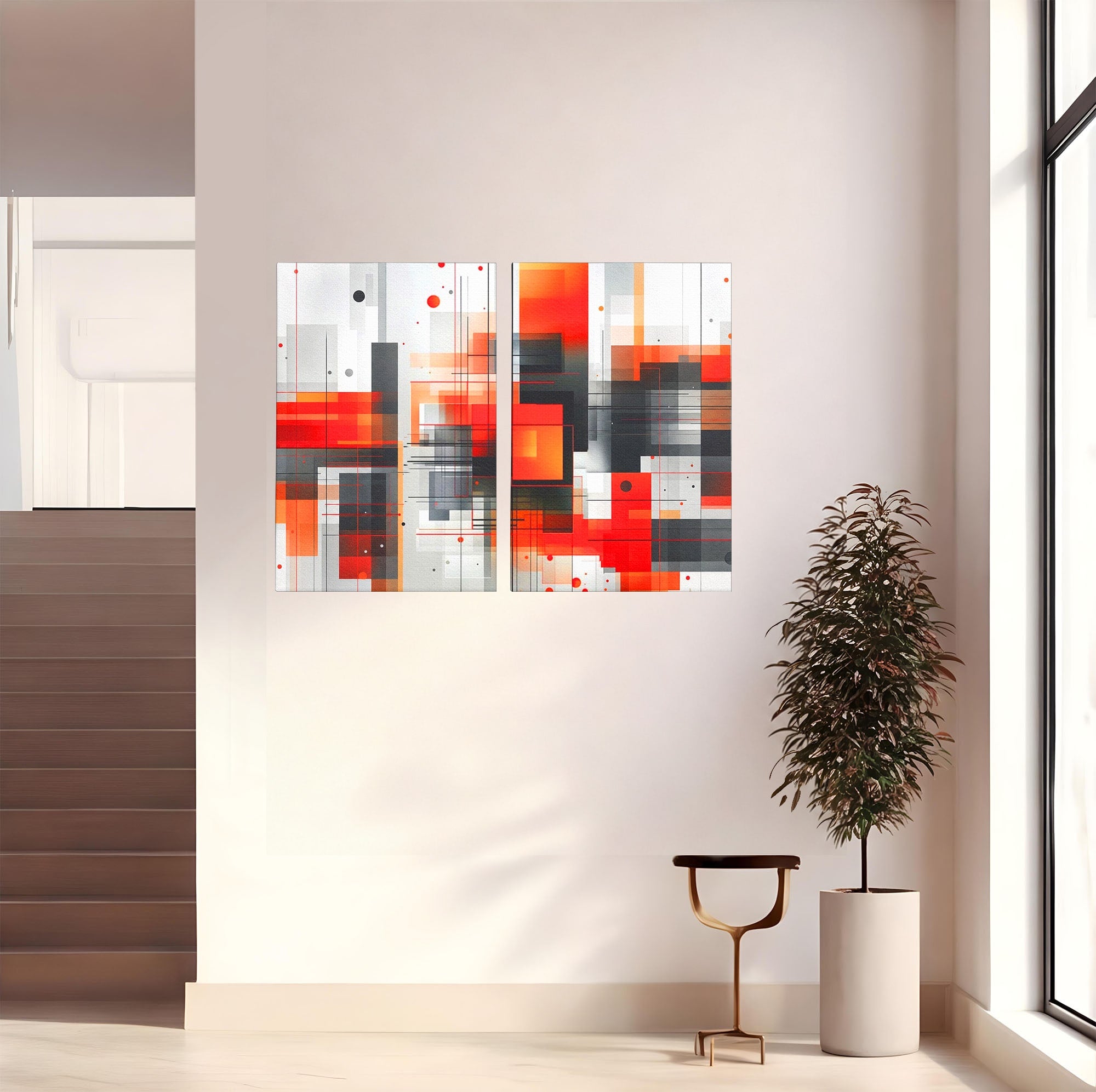 Set 2 Tablouri Canvas Premium LuxCanva® J2-1003, Metropola In Rosu, Structuri, Forme, Grile, Linii, Armonie, Digital, Tehnic, Dinamism, Haotic, Industrial, Living, Dormitor