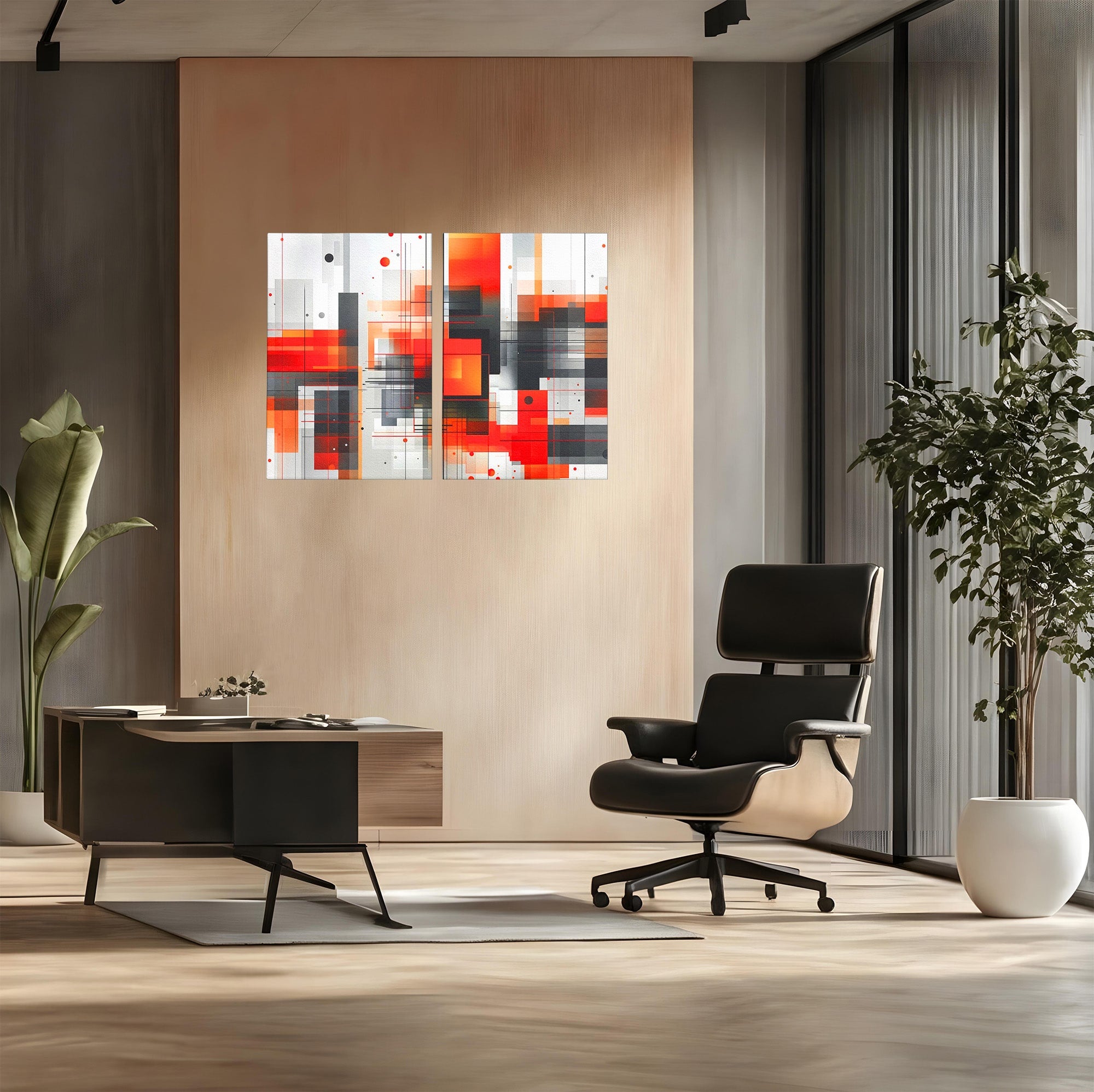 Set 2 Tablouri Canvas Premium LuxCanva® J2-1003, Metropola In Rosu, Structuri, Forme, Grile, Linii, Armonie, Digital, Tehnic, Dinamism, Haotic, Industrial, Living, Dormitor