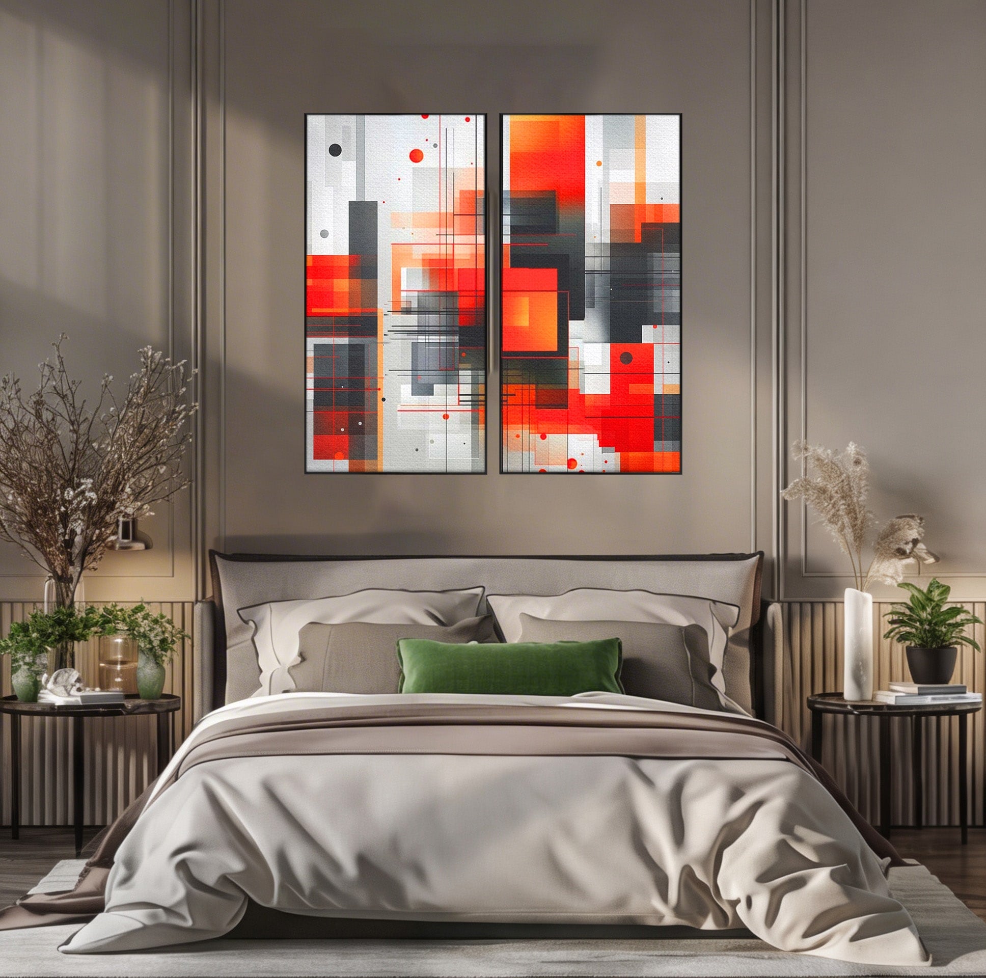Set 2 Tablouri Canvas Premium LuxCanva® J2-1003, Metropola In Rosu, Structuri, Forme, Grile, Linii, Armonie, Digital, Tehnic, Dinamism, Haotic, Industrial, Living, Dormitor