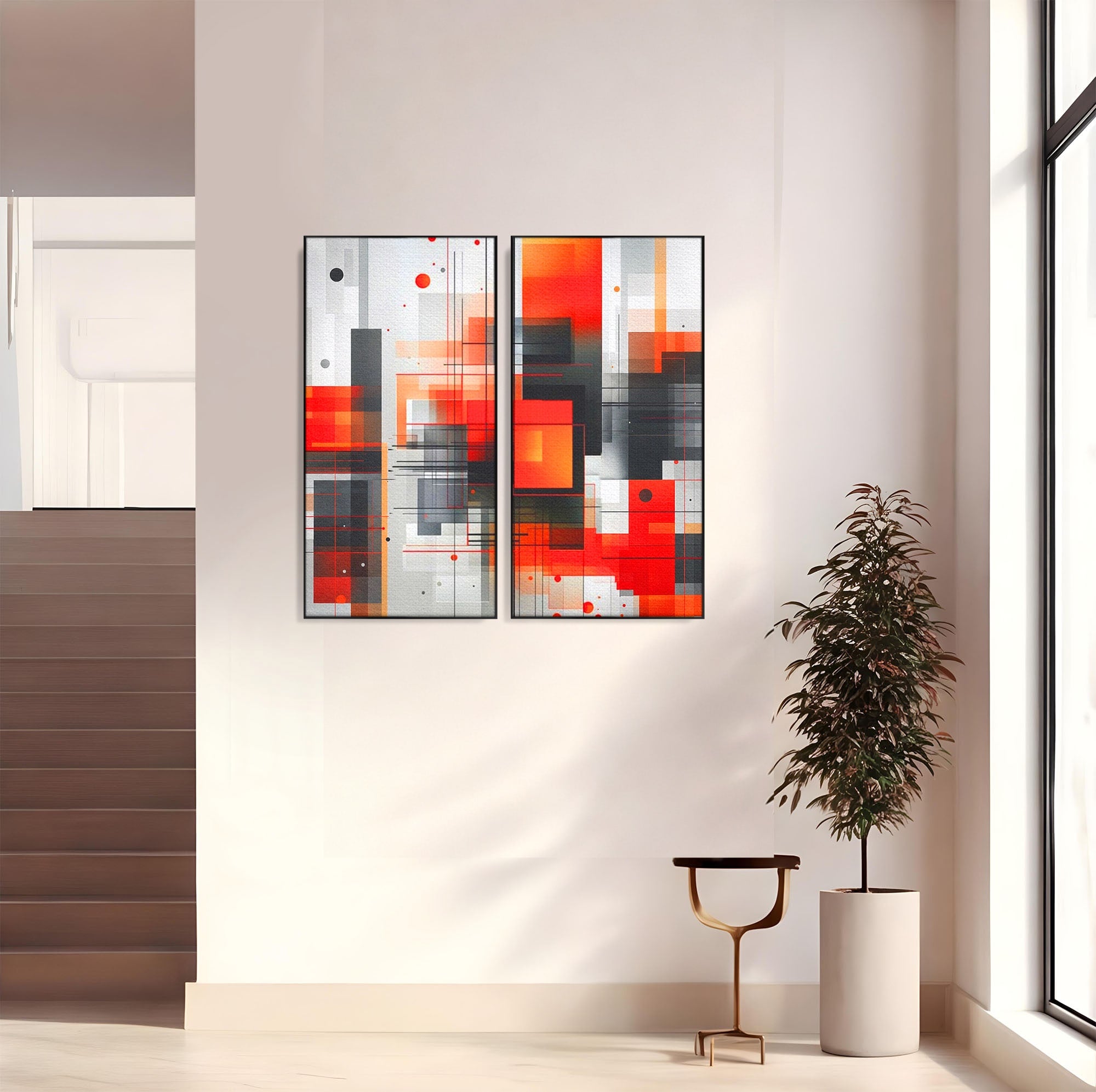 Set 2 Tablouri Canvas Premium LuxCanva® J2-1003, Metropola In Rosu, Structuri, Forme, Grile, Linii, Armonie, Digital, Tehnic, Dinamism, Haotic, Industrial, Living, Dormitor