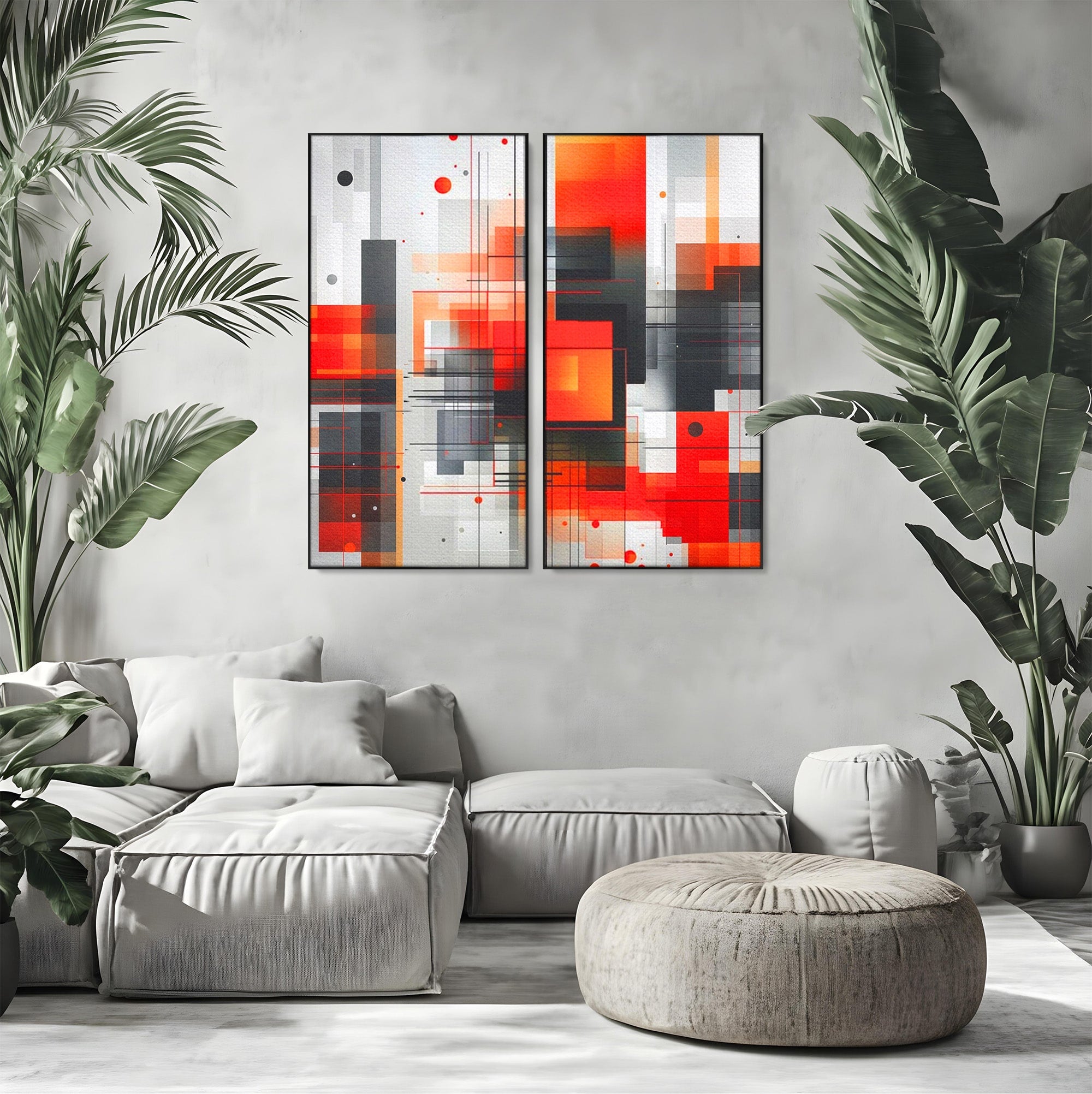 Set 2 Tablouri Canvas Premium LuxCanva® J2-1003, Metropola In Rosu, Structuri, Forme, Grile, Linii, Armonie, Digital, Tehnic, Dinamism, Haotic, Industrial, Living, Dormitor