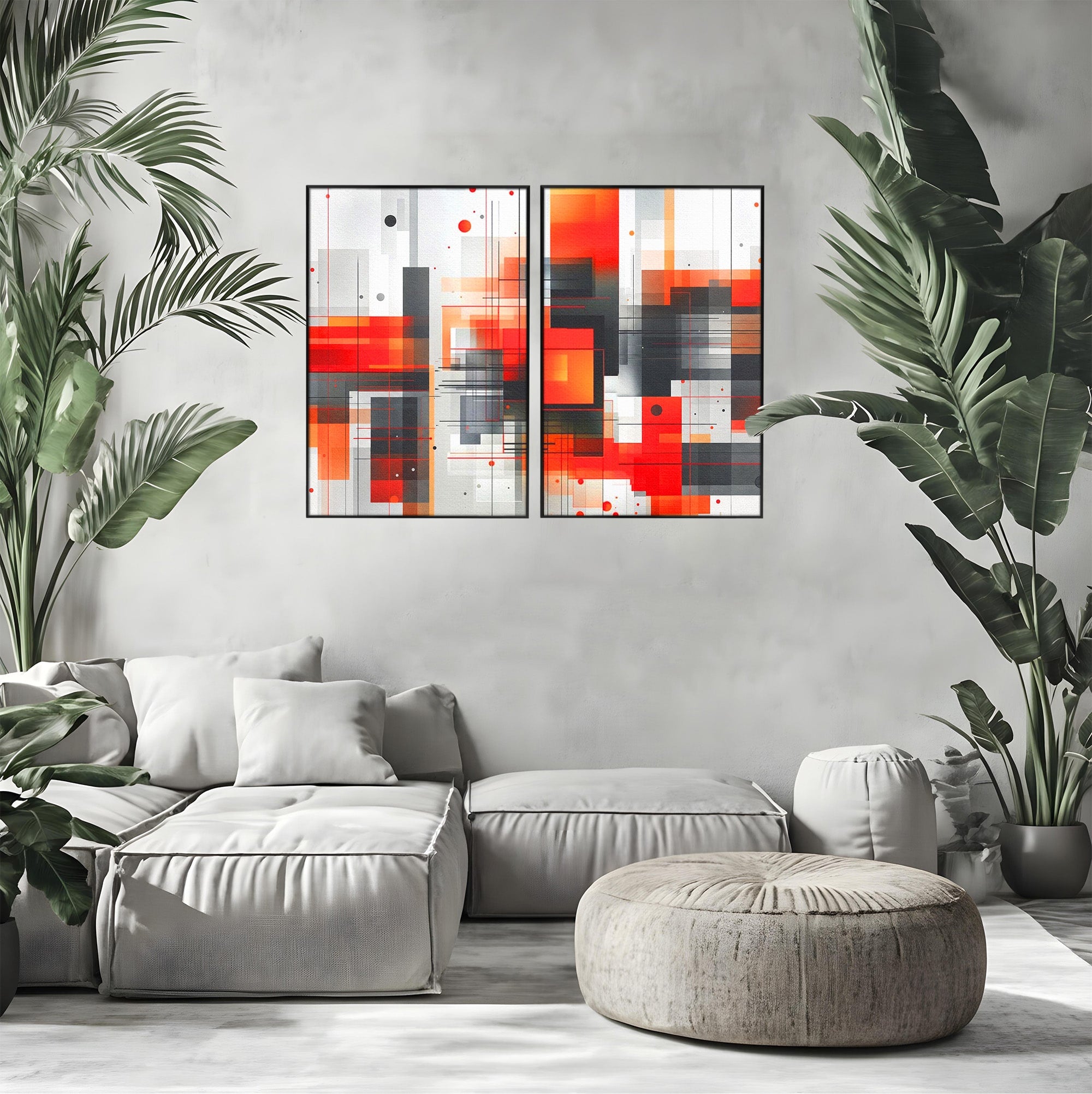 Set 2 Tablouri Canvas Premium LuxCanva® J2-1003, Metropola In Rosu, Structuri, Forme, Grile, Linii, Armonie, Digital, Tehnic, Dinamism, Haotic, Industrial, Living, Dormitor