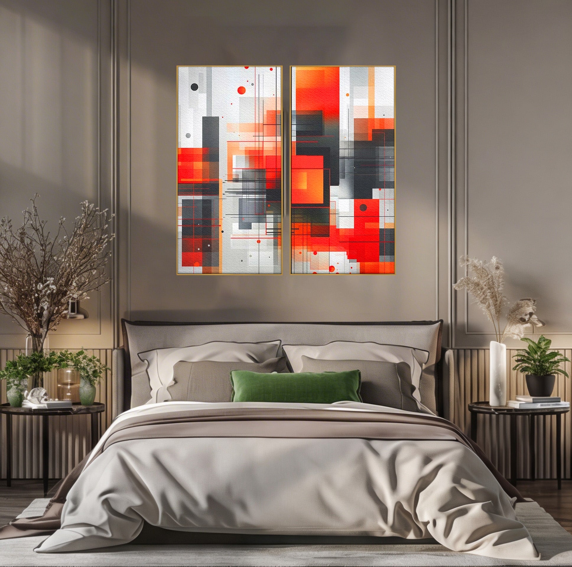 Set 2 Tablouri Canvas Premium LuxCanva® J2-1003, Metropola In Rosu, Structuri, Forme, Grile, Linii, Armonie, Digital, Tehnic, Dinamism, Haotic, Industrial, Living, Dormitor