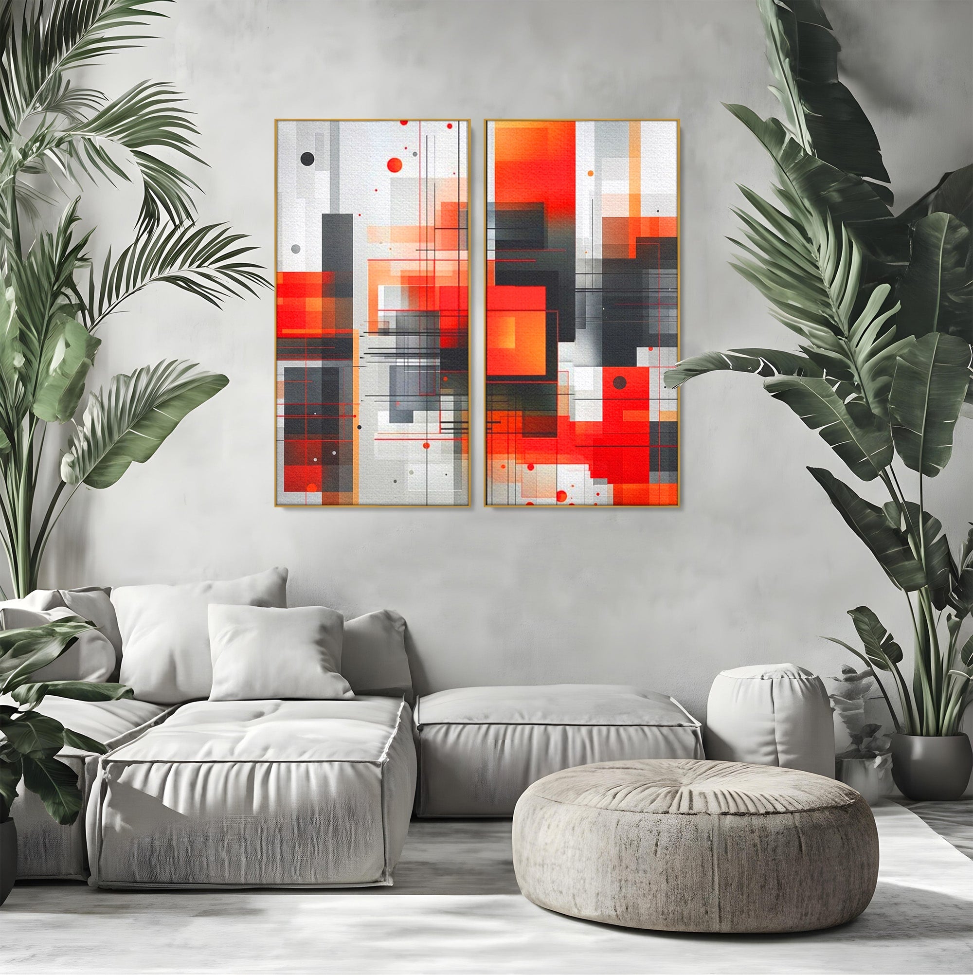 Set 2 Tablouri Canvas Premium LuxCanva® J2-1003, Metropola In Rosu, Structuri, Forme, Grile, Linii, Armonie, Digital, Tehnic, Dinamism, Haotic, Industrial, Living, Dormitor