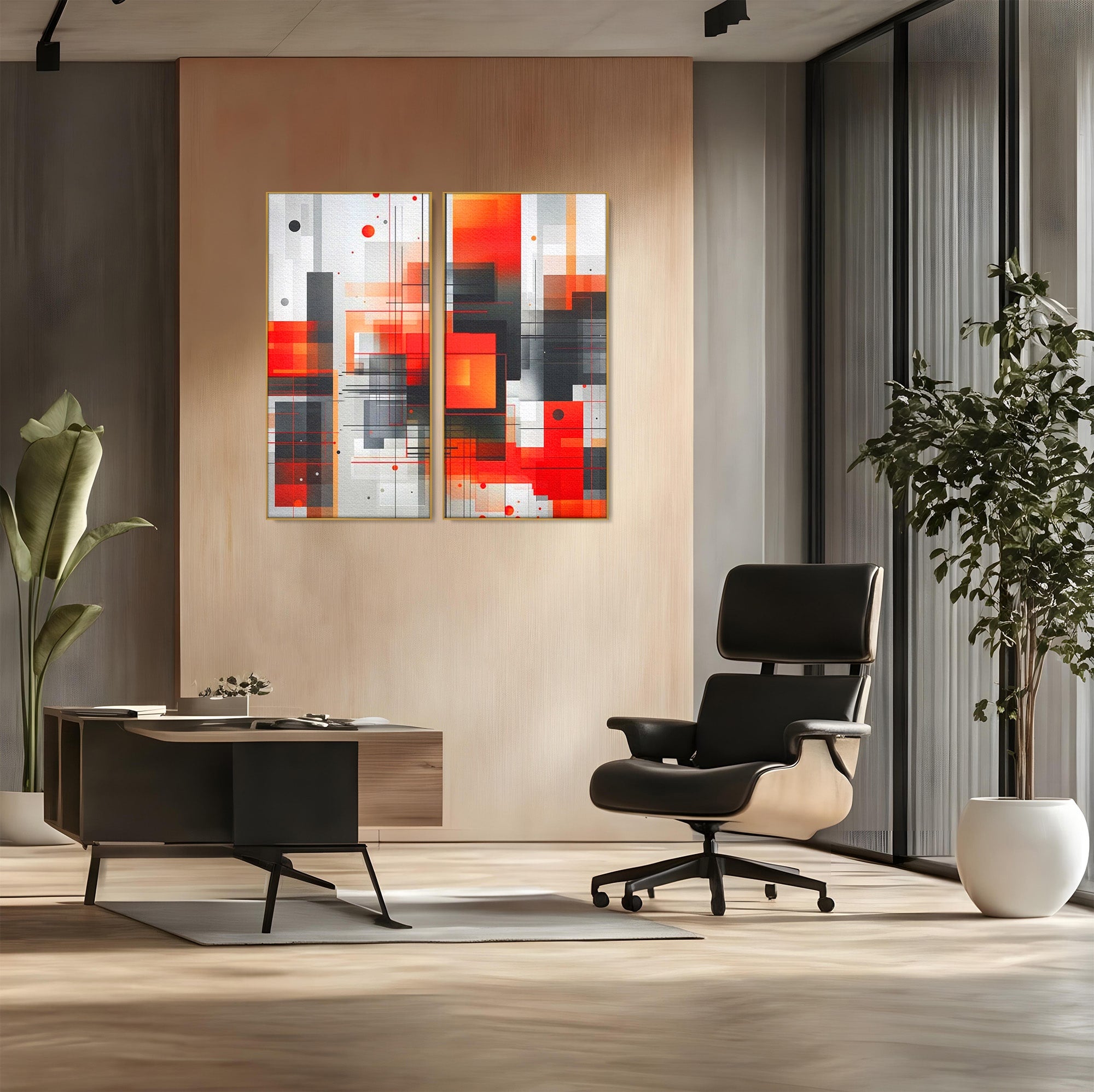 Set 2 Tablouri Canvas Premium LuxCanva® J2-1003, Metropola In Rosu, Structuri, Forme, Grile, Linii, Armonie, Digital, Tehnic, Dinamism, Haotic, Industrial, Living, Dormitor