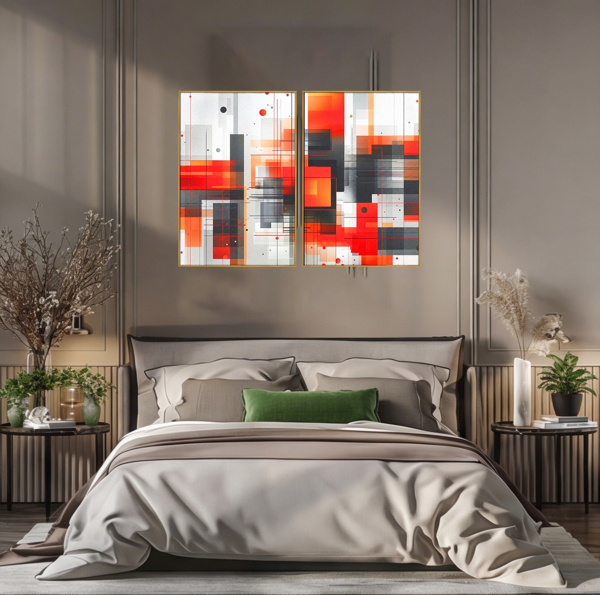 Set 2 Tablouri Canvas Premium LuxCanva® J2-1003, Metropola In Rosu, Structuri, Forme, Grile, Linii, Armonie, Digital, Tehnic, Dinamism, Haotic, Industrial, Living, Dormitor