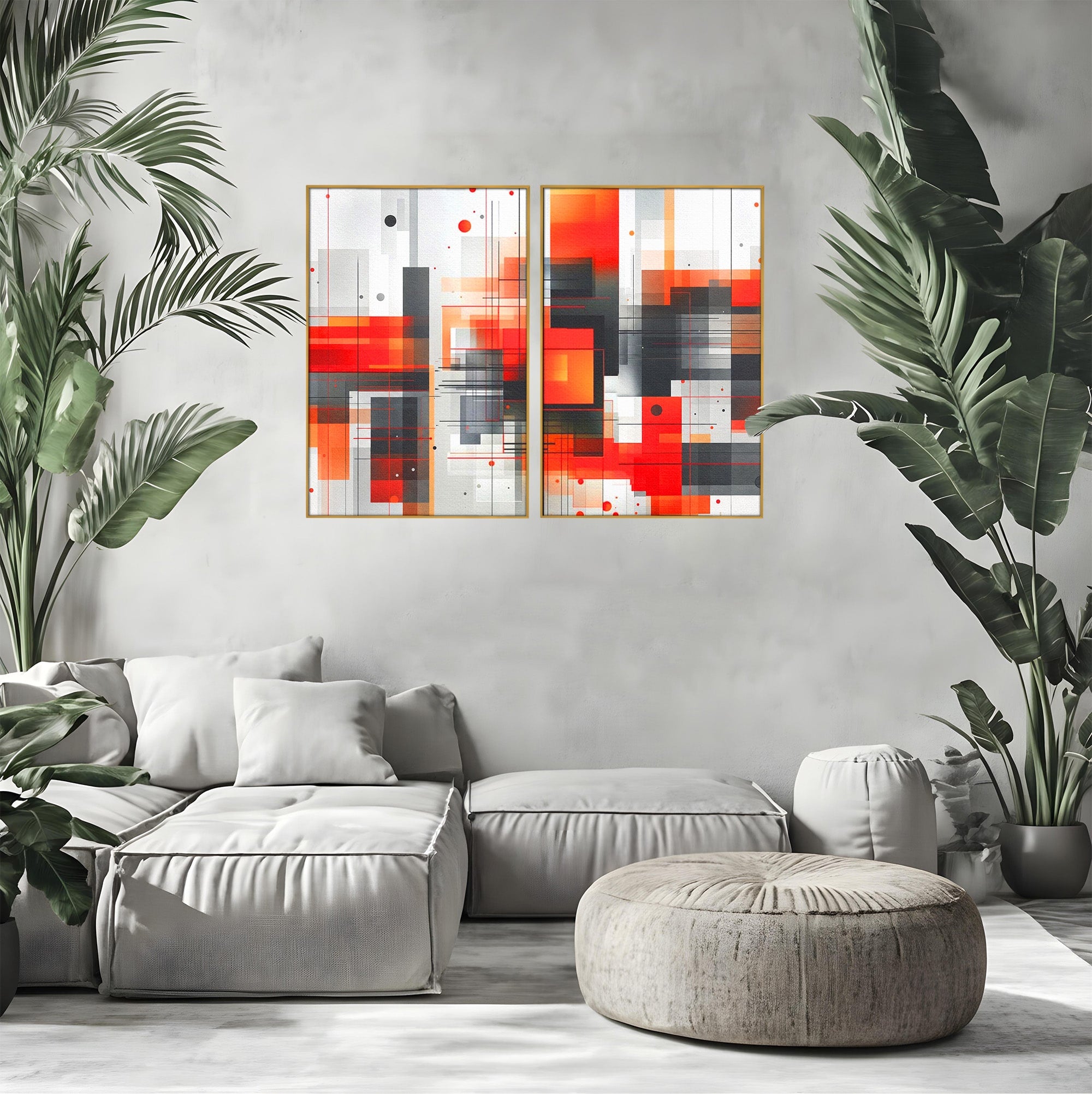 Set 2 Tablouri Canvas Premium LuxCanva® J2-1003, Metropola In Rosu, Structuri, Forme, Grile, Linii, Armonie, Digital, Tehnic, Dinamism, Haotic, Industrial, Living, Dormitor