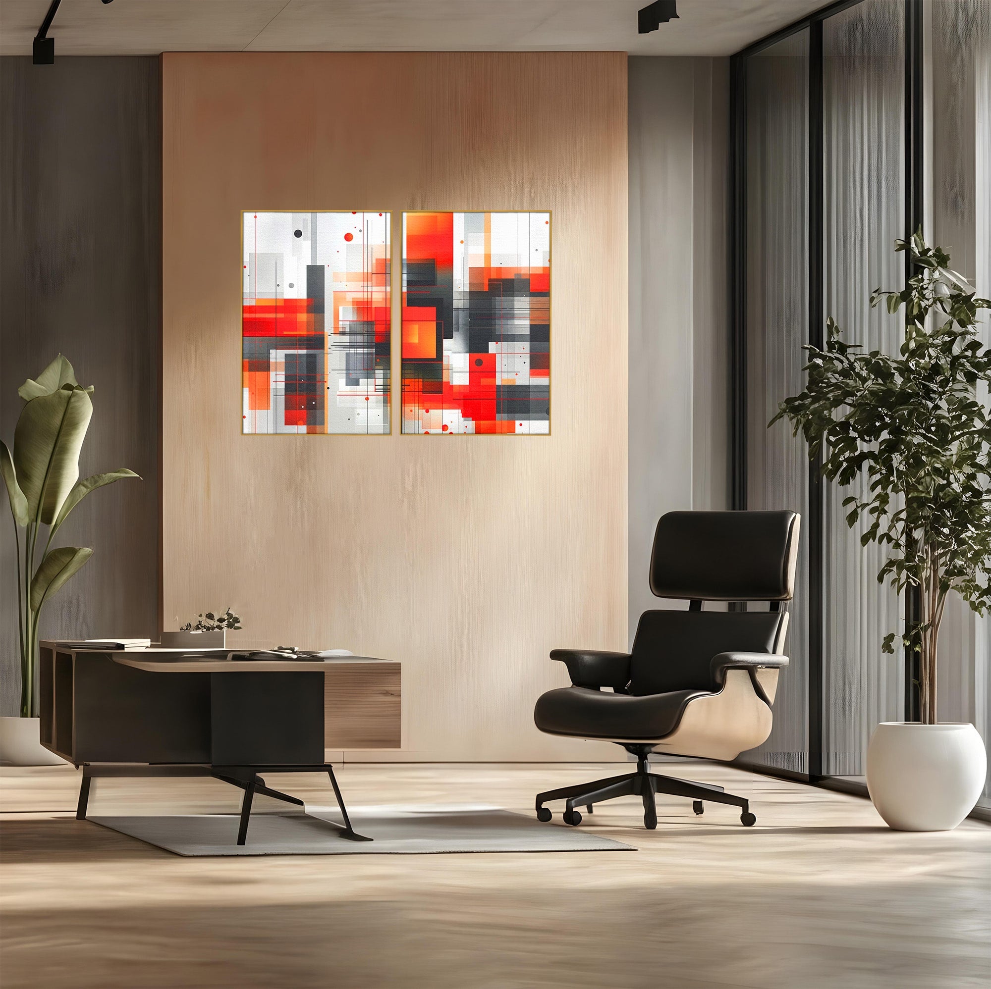 Set 2 Tablouri Canvas Premium LuxCanva® J2-1003, Metropola In Rosu, Structuri, Forme, Grile, Linii, Armonie, Digital, Tehnic, Dinamism, Haotic, Industrial, Living, Dormitor