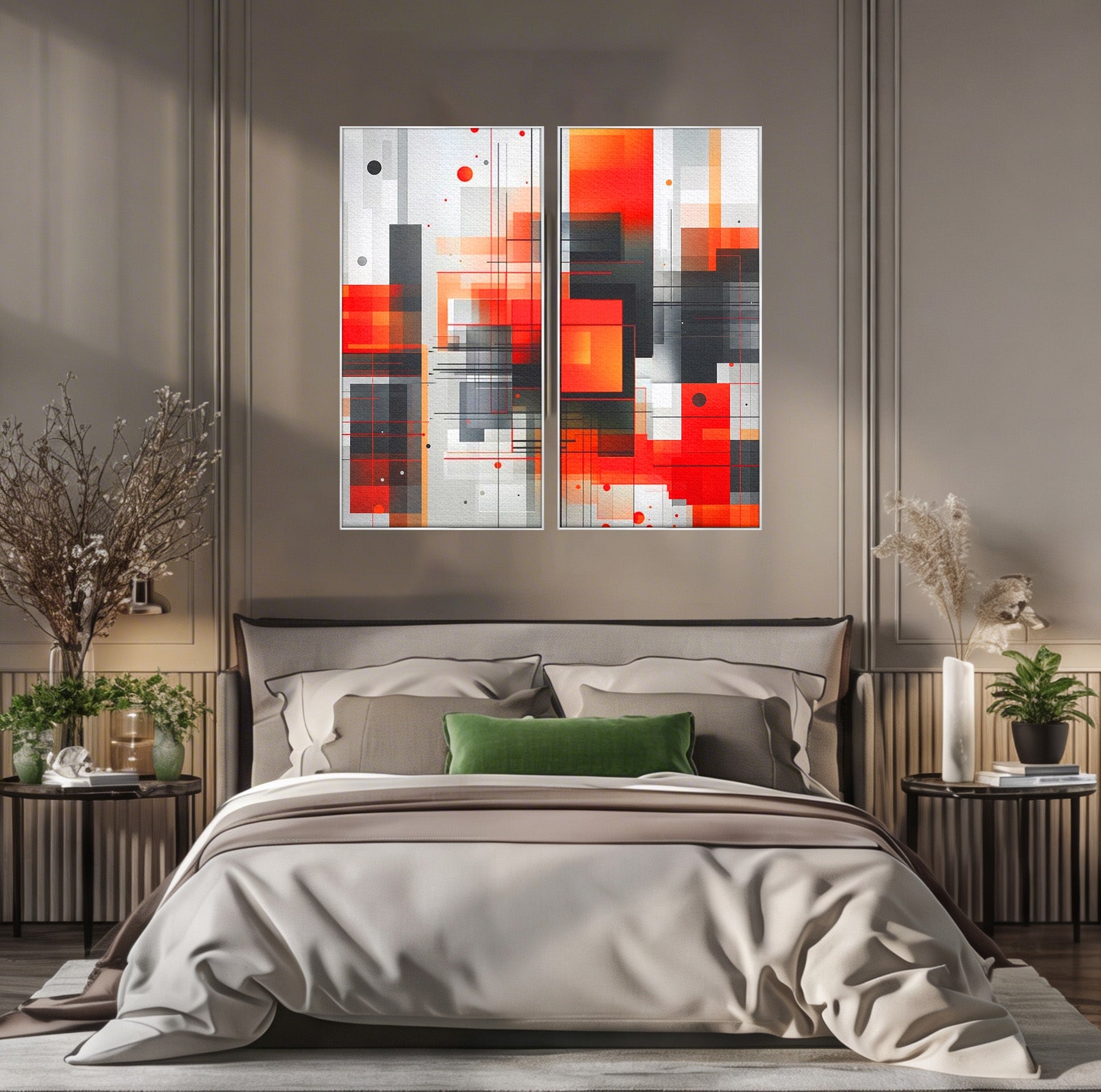 Set 2 Tablouri Canvas Premium LuxCanva® J2-1003, Metropola In Rosu, Structuri, Forme, Grile, Linii, Armonie, Digital, Tehnic, Dinamism, Haotic, Industrial, Living, Dormitor