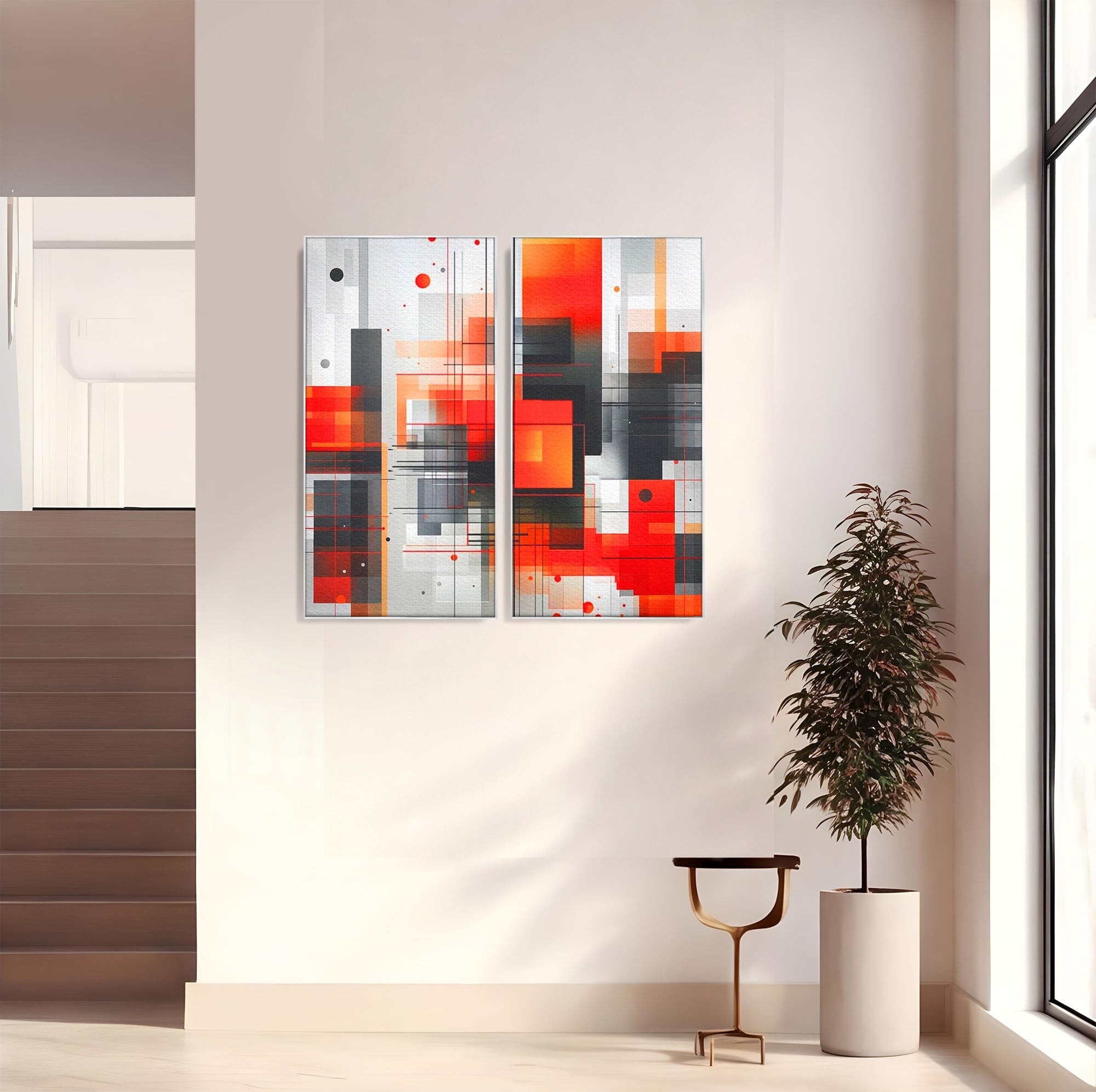 Set 2 Tablouri Canvas Premium LuxCanva® J2-1003, Metropola In Rosu, Structuri, Forme, Grile, Linii, Armonie, Digital, Tehnic, Dinamism, Haotic, Industrial, Living, Dormitor