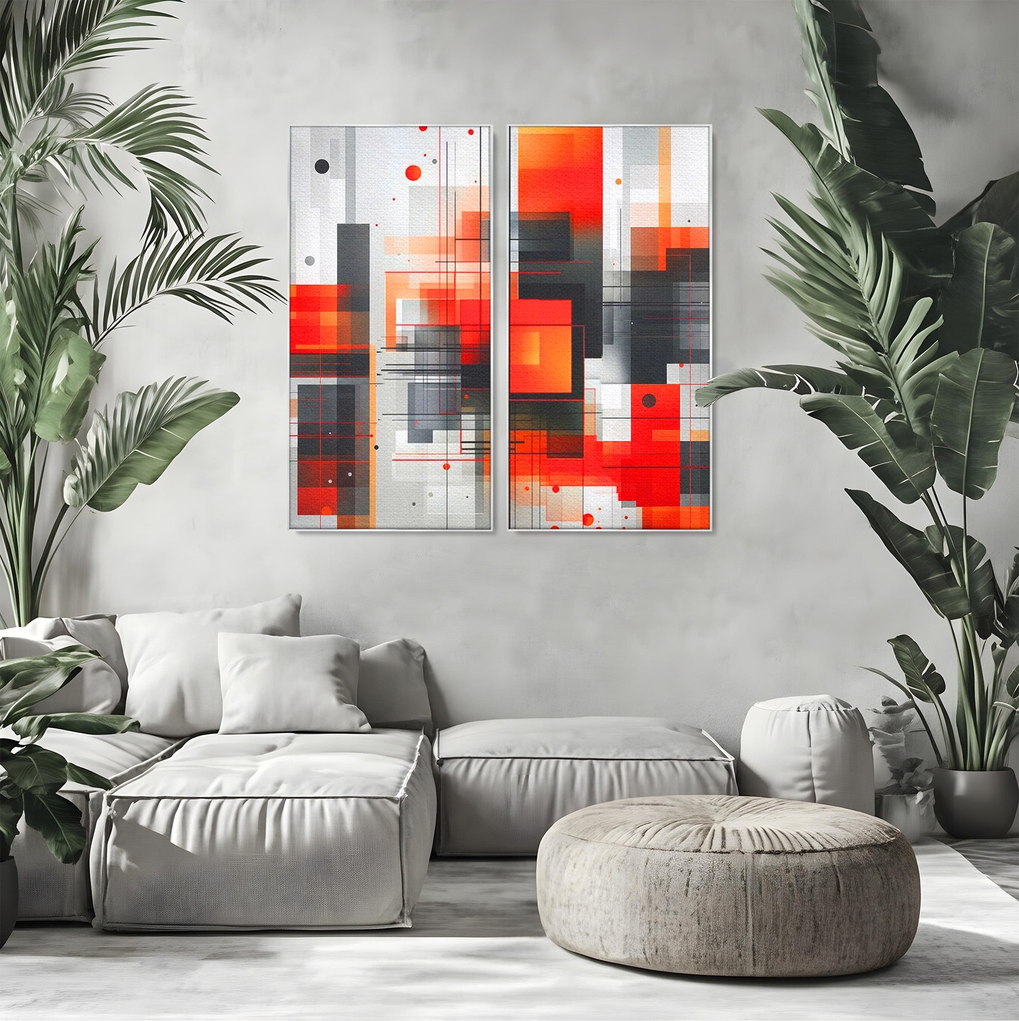 Set 2 Tablouri Canvas Premium LuxCanva® J2-1003, Metropola In Rosu, Structuri, Forme, Grile, Linii, Armonie, Digital, Tehnic, Dinamism, Haotic, Industrial, Living, Dormitor