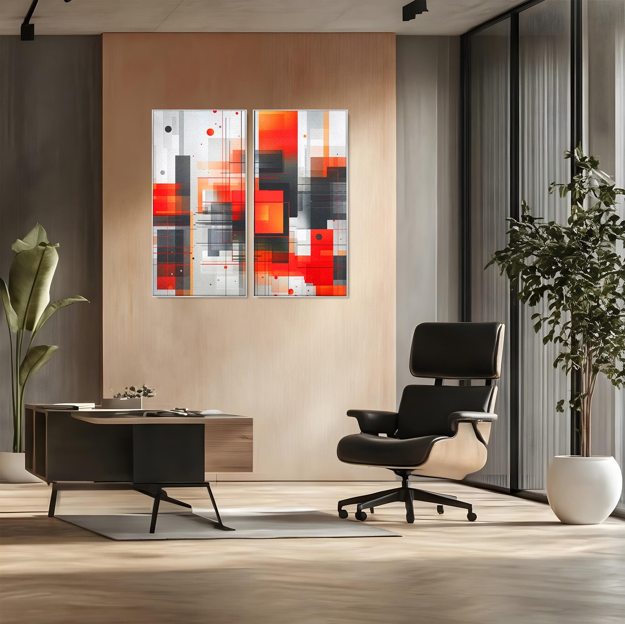 Set 2 Tablouri Canvas Premium LuxCanva® J2-1003, Metropola In Rosu, Structuri, Forme, Grile, Linii, Armonie, Digital, Tehnic, Dinamism, Haotic, Industrial, Living, Dormitor