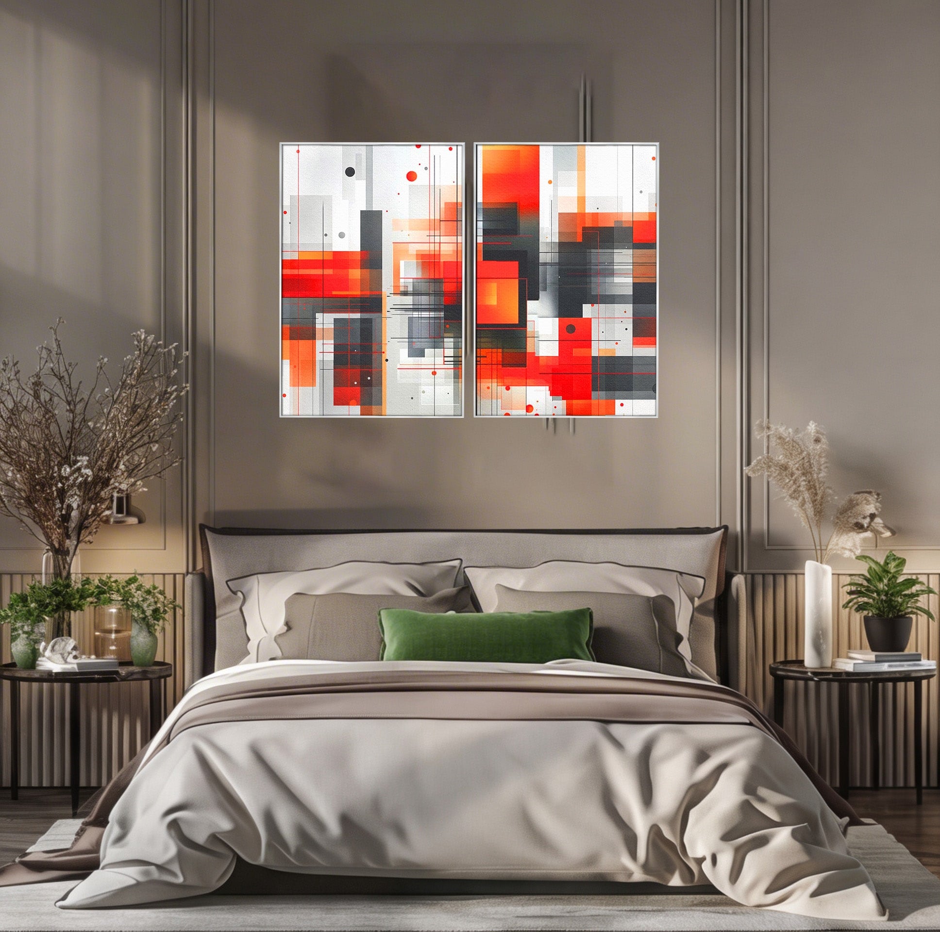 Set 2 Tablouri Canvas Premium LuxCanva® J2-1003, Metropola In Rosu, Structuri, Forme, Grile, Linii, Armonie, Digital, Tehnic, Dinamism, Haotic, Industrial, Living, Dormitor