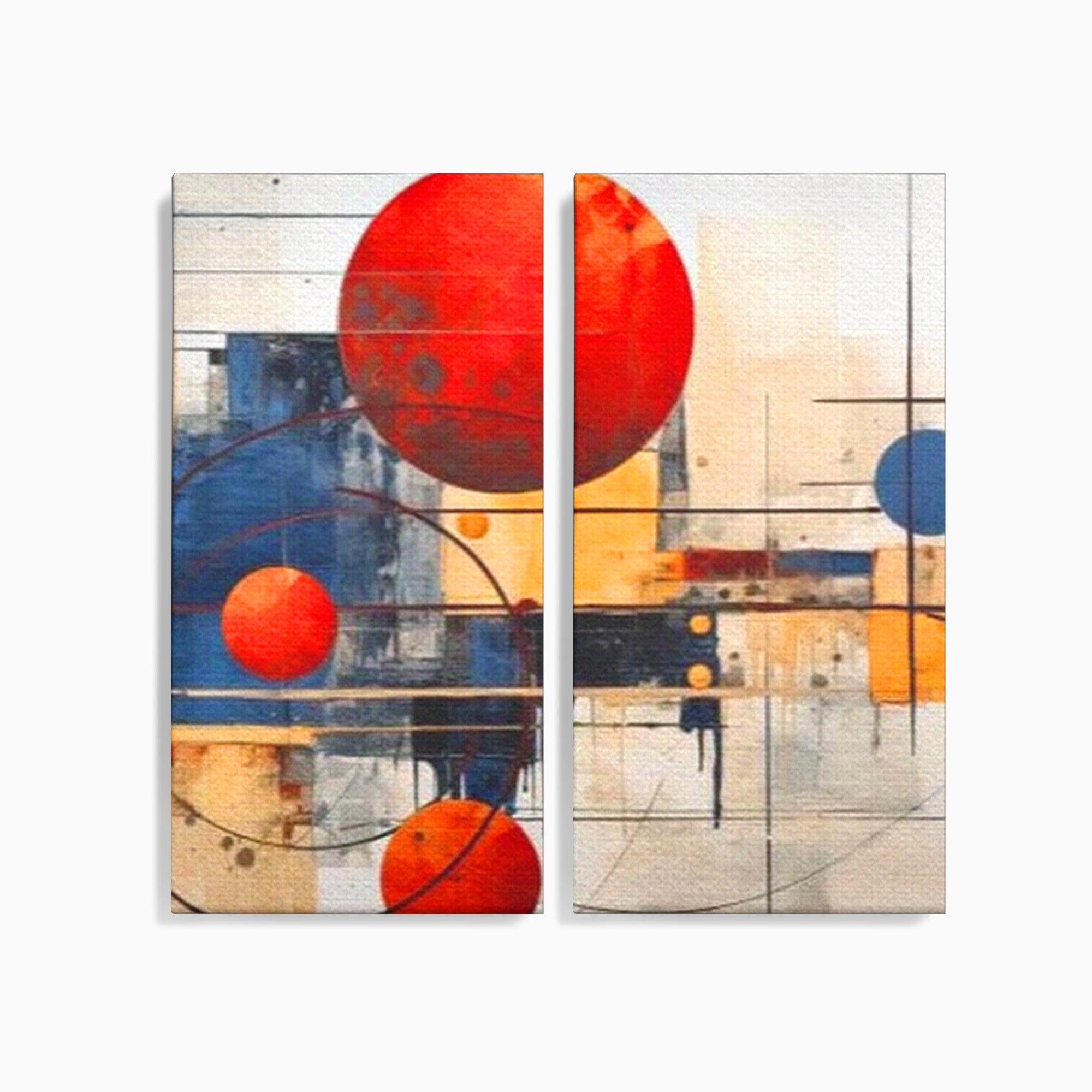 Set 2 Tablouri Canvas Premium LuxCanva® J2-1019, Spatiu Descompus, Sfere, Rosii, Portocaliu, Orbite, Linii, Urban, Contraste, Compozitional, Decorativ, Fantasmic, Living, Dormitor