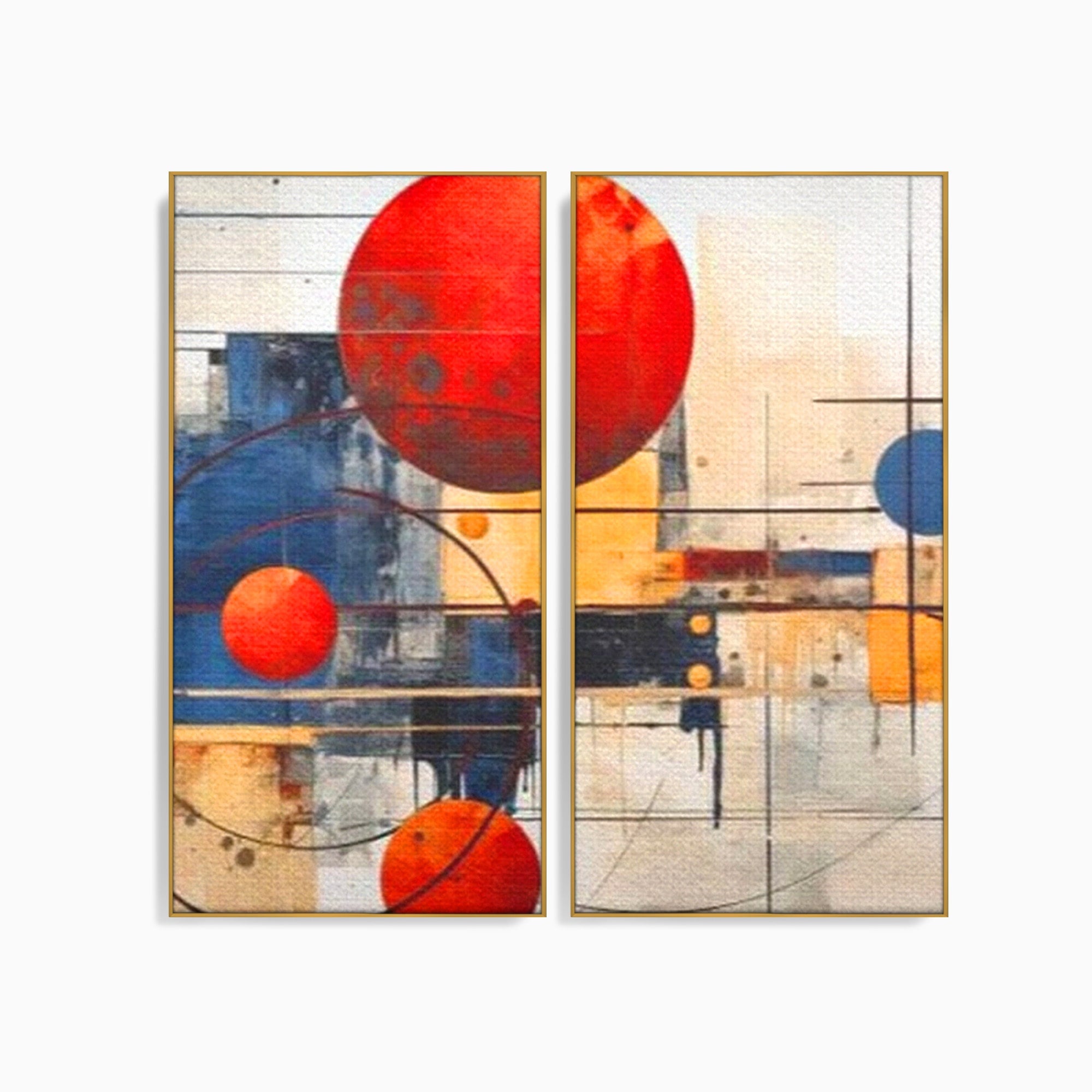 Set 2 Tablouri Canvas Premium LuxCanva® J2-1019, Spatiu Descompus, Sfere, Rosii, Portocaliu, Orbite, Linii, Urban, Contraste, Compozitional, Decorativ, Fantasmic, Living, Dormitor