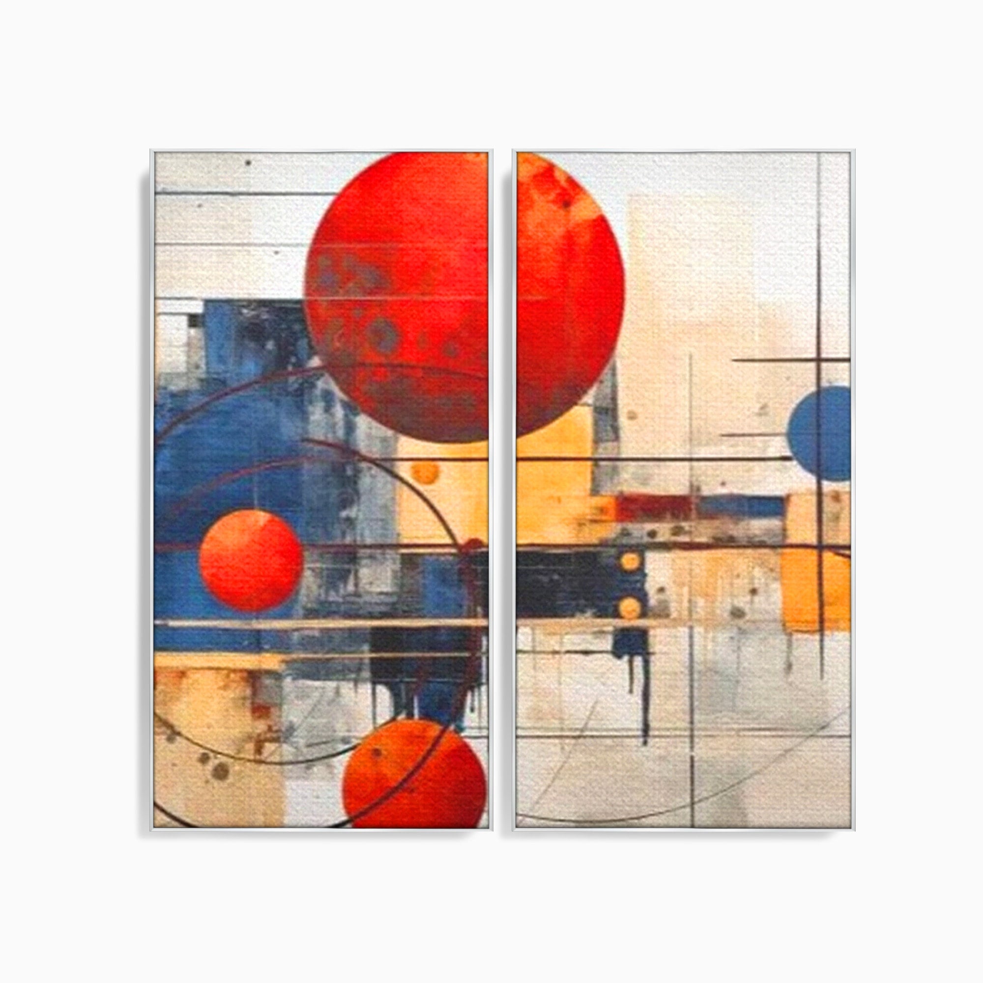 Set 2 Tablouri Canvas Premium LuxCanva® J2-1019, Spatiu Descompus, Sfere, Rosii, Portocaliu, Orbite, Linii, Urban, Contraste, Compozitional, Decorativ, Fantasmic, Living, Dormitor