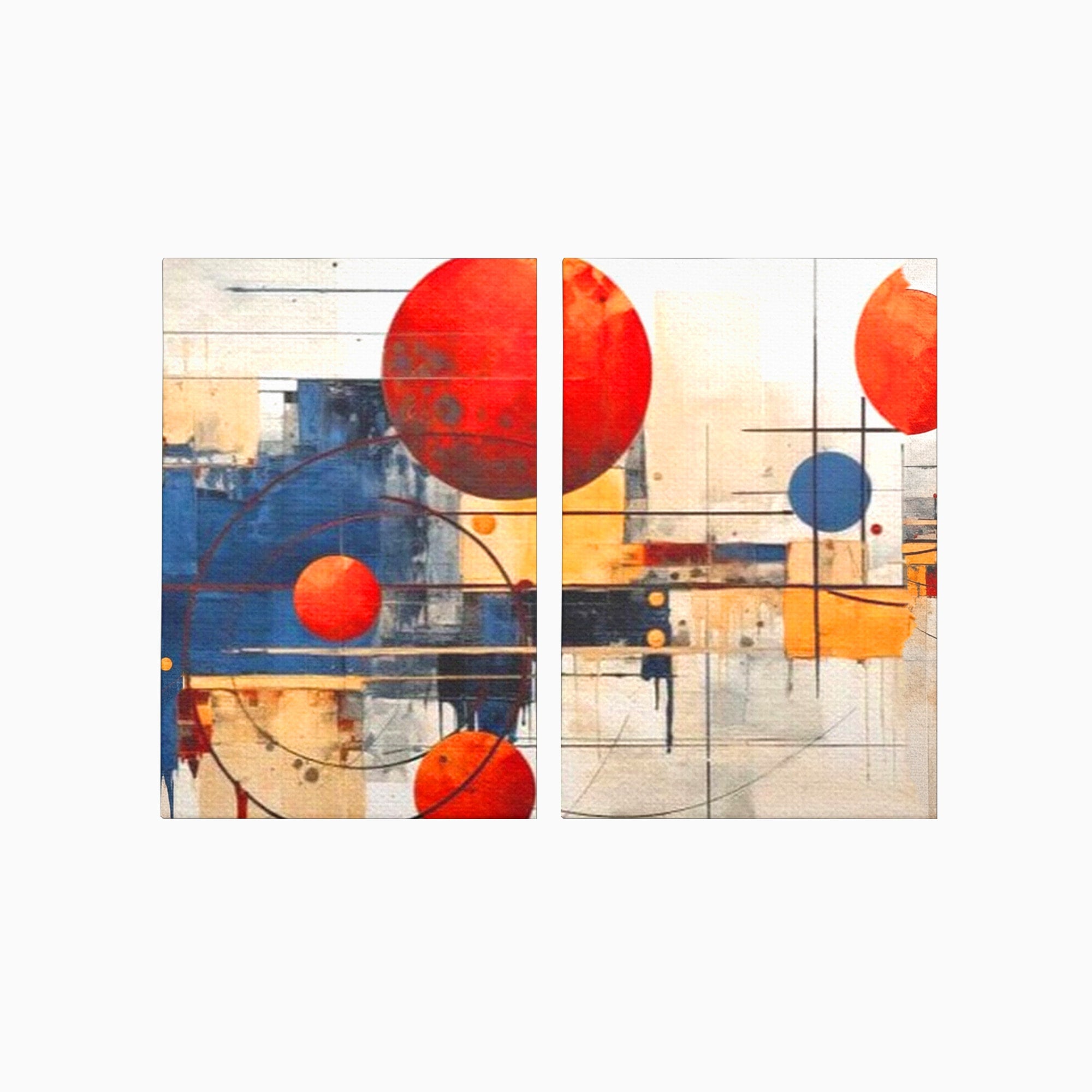 Set 2 Tablouri Canvas Premium LuxCanva® J2-1019, Spatiu Descompus, Sfere, Rosii, Portocaliu, Orbite, Linii, Urban, Contraste, Compozitional, Decorativ, Fantasmic, Living, Dormitor