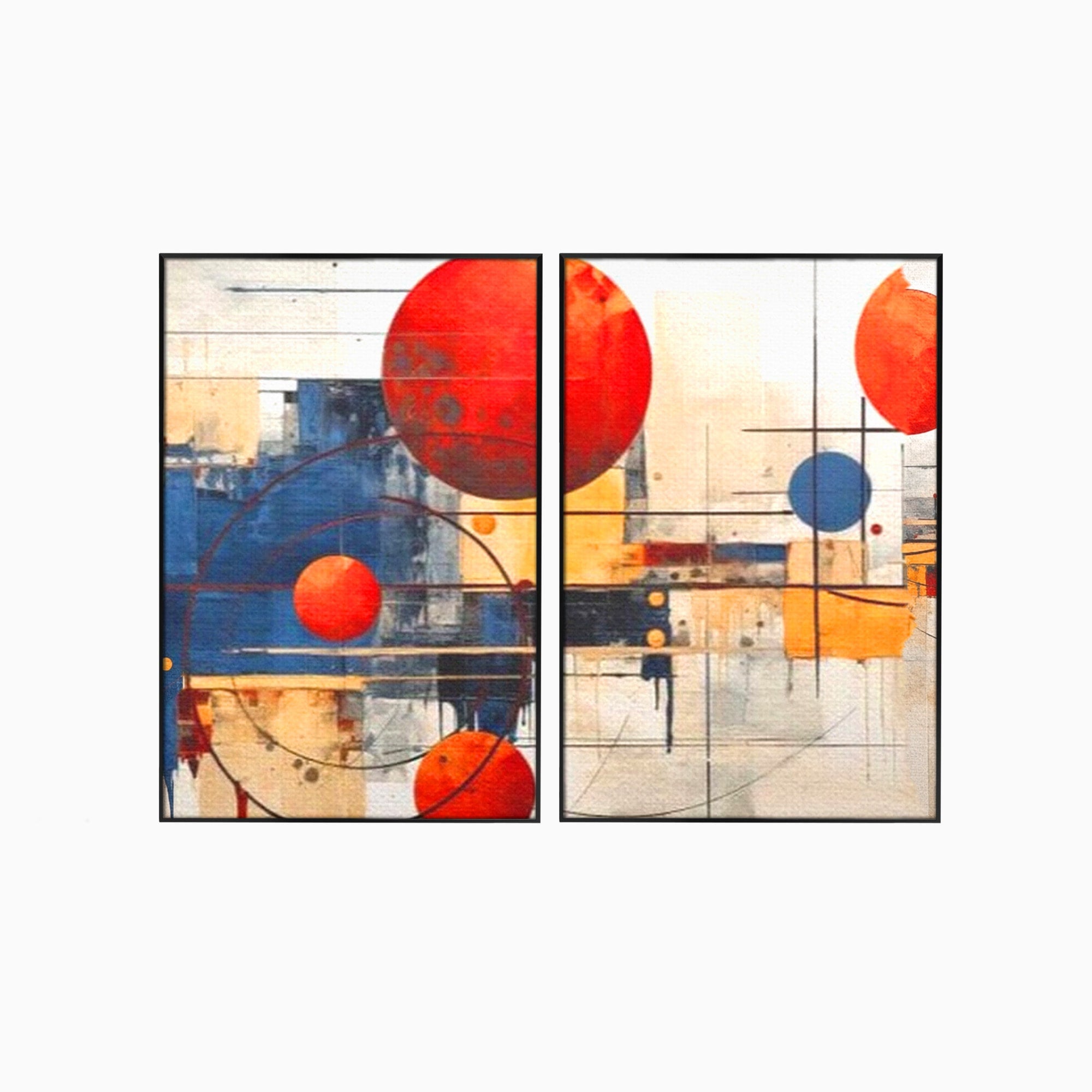 Set 2 Tablouri Canvas Premium LuxCanva® J2-1019, Spatiu Descompus, Sfere, Rosii, Portocaliu, Orbite, Linii, Urban, Contraste, Compozitional, Decorativ, Fantasmic, Living, Dormitor
