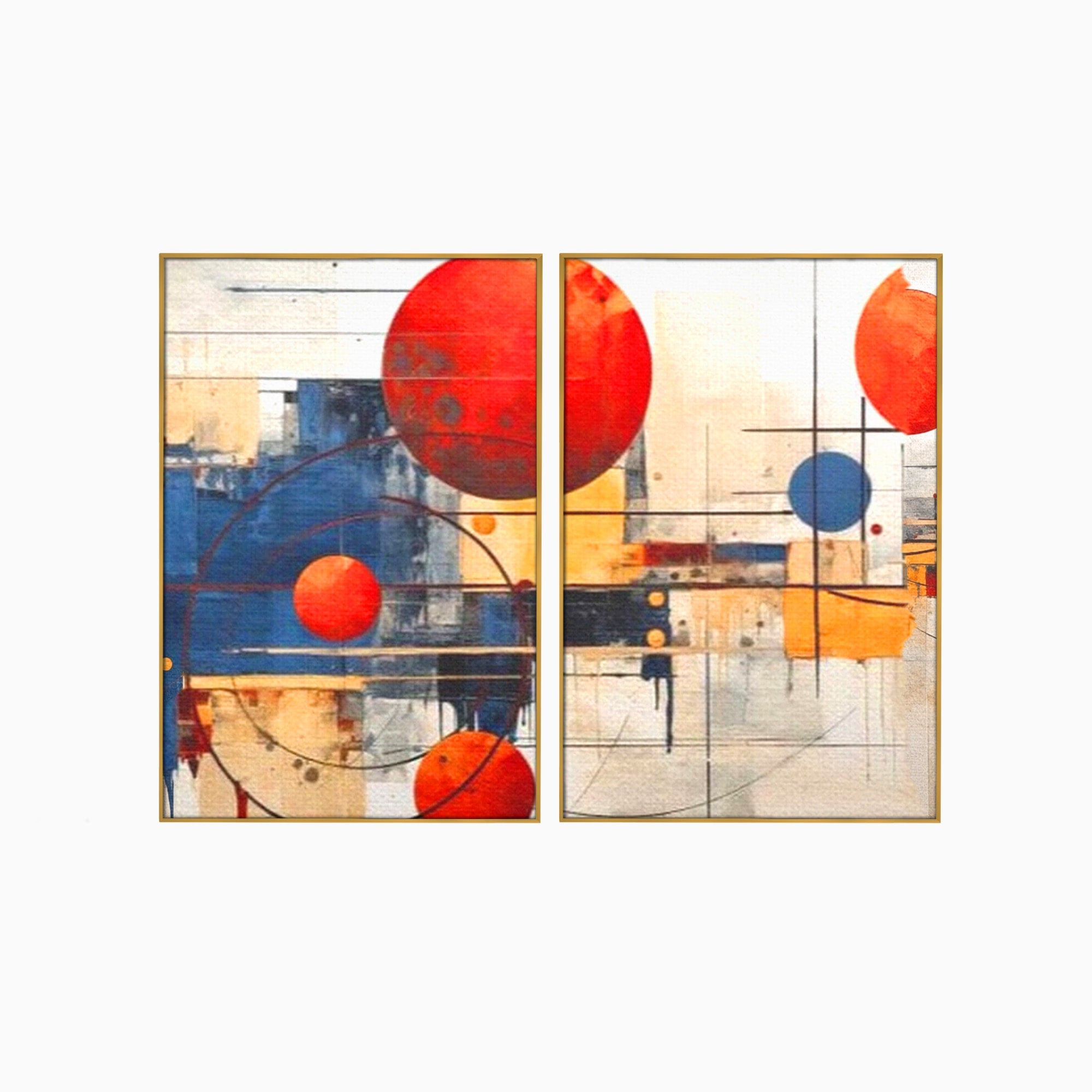 Set 2 Tablouri Canvas Premium LuxCanva® J2-1019, Spatiu Descompus, Sfere, Rosii, Portocaliu, Orbite, Linii, Urban, Contraste, Compozitional, Decorativ, Fantasmic, Living, Dormitor