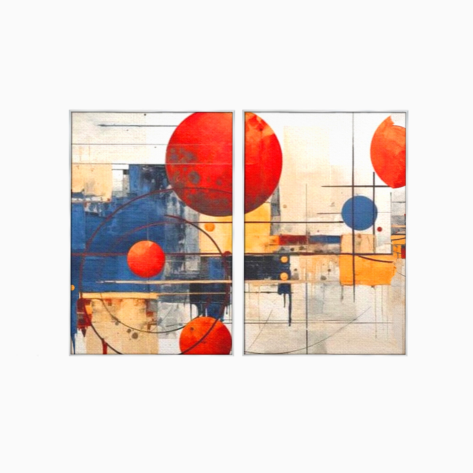 Set 2 Tablouri Canvas Premium LuxCanva® J2-1019, Spatiu Descompus, Sfere, Rosii, Portocaliu, Orbite, Linii, Urban, Contraste, Compozitional, Decorativ, Fantasmic, Living, Dormitor
