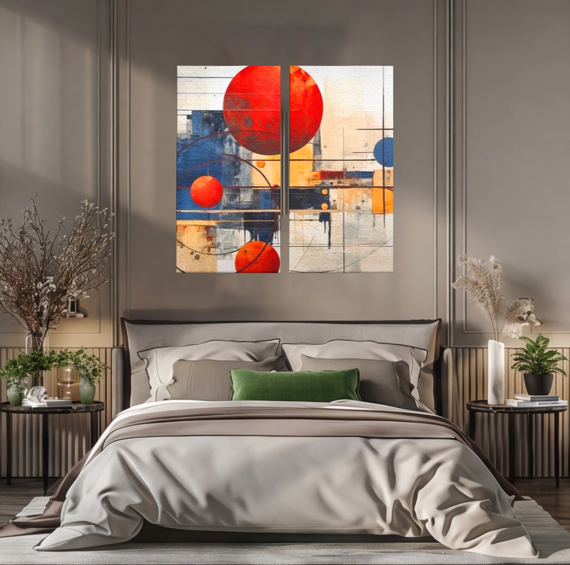 Set 2 Tablouri Canvas Premium LuxCanva® J2-1019, Spatiu Descompus, Sfere, Rosii, Portocaliu, Orbite, Linii, Urban, Contraste, Compozitional, Decorativ, Fantasmic, Living, Dormitor