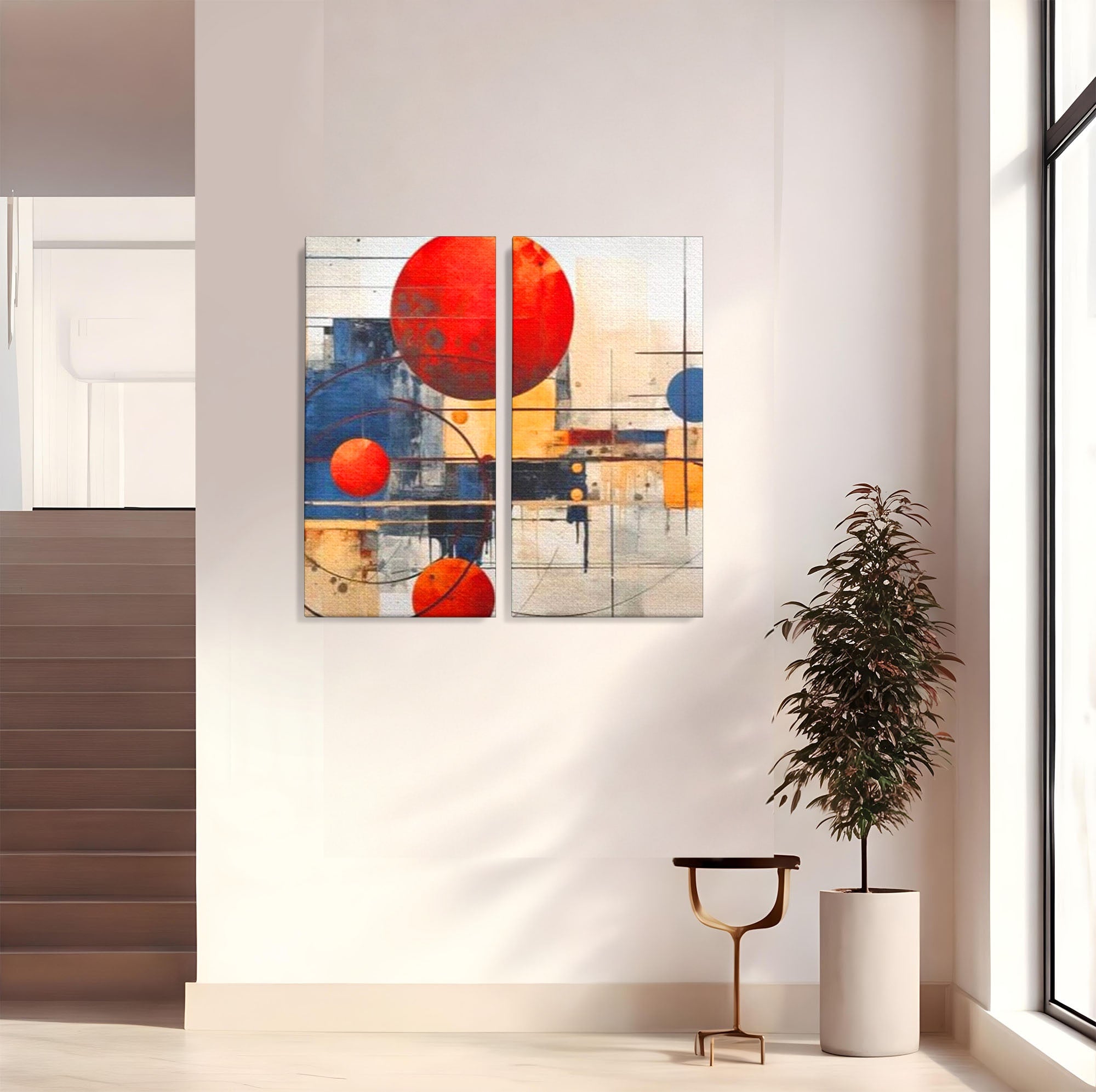Set 2 Tablouri Canvas Premium LuxCanva® J2-1019, Spatiu Descompus, Sfere, Rosii, Portocaliu, Orbite, Linii, Urban, Contraste, Compozitional, Decorativ, Fantasmic, Living, Dormitor