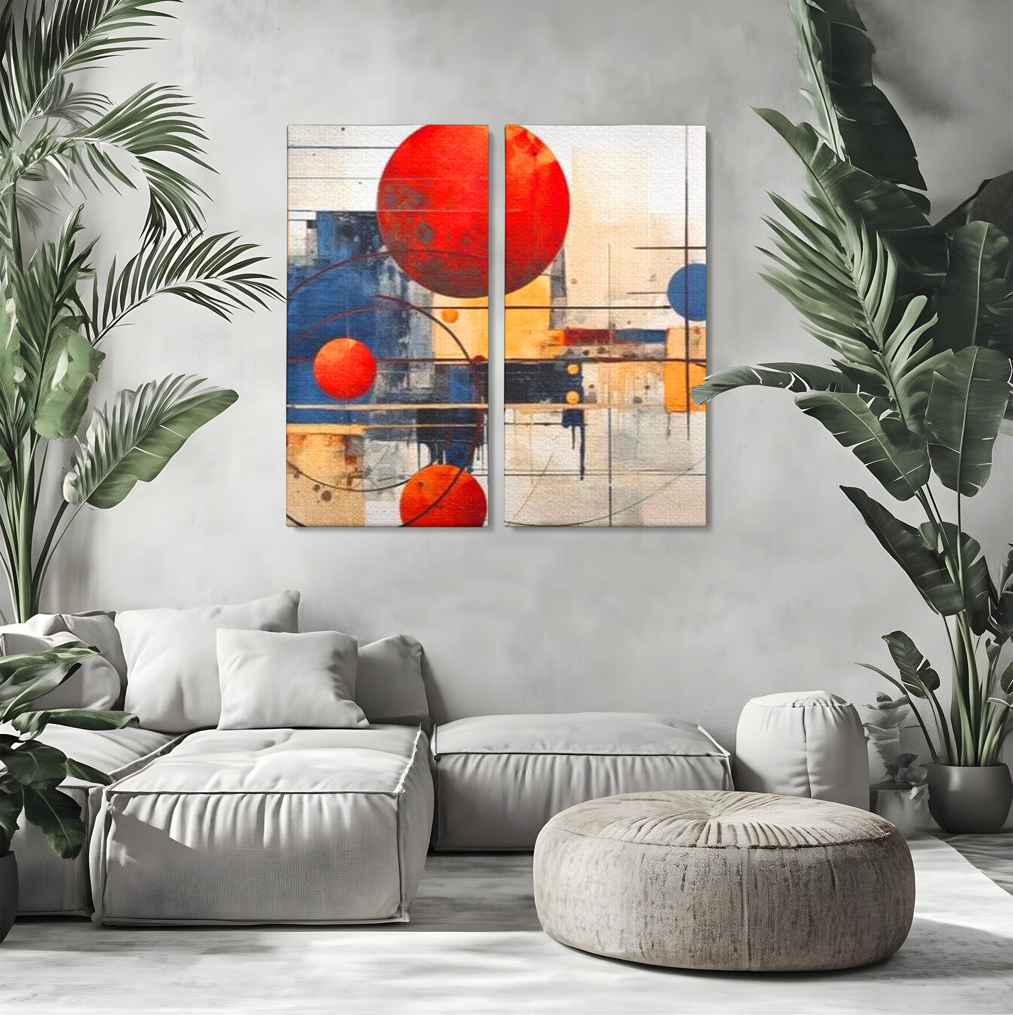 Set 2 Tablouri Canvas Premium LuxCanva® J2-1019, Spatiu Descompus, Sfere, Rosii, Portocaliu, Orbite, Linii, Urban, Contraste, Compozitional, Decorativ, Fantasmic, Living, Dormitor
