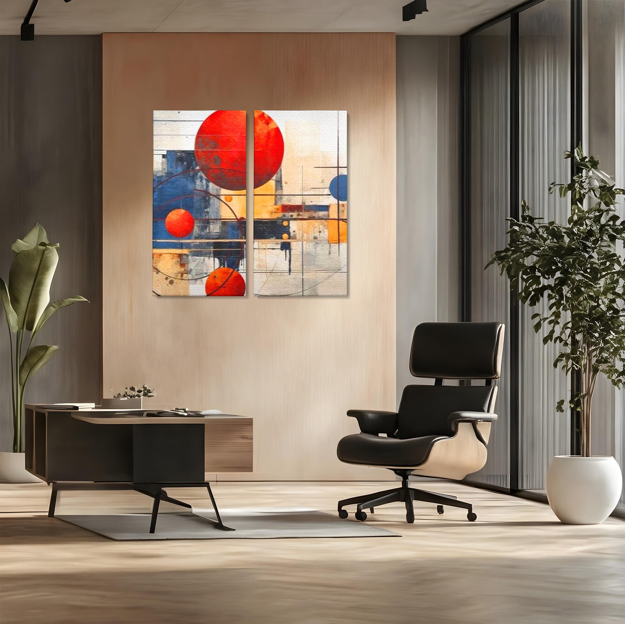 Set 2 Tablouri Canvas Premium LuxCanva® J2-1019, Spatiu Descompus, Sfere, Rosii, Portocaliu, Orbite, Linii, Urban, Contraste, Compozitional, Decorativ, Fantasmic, Living, Dormitor