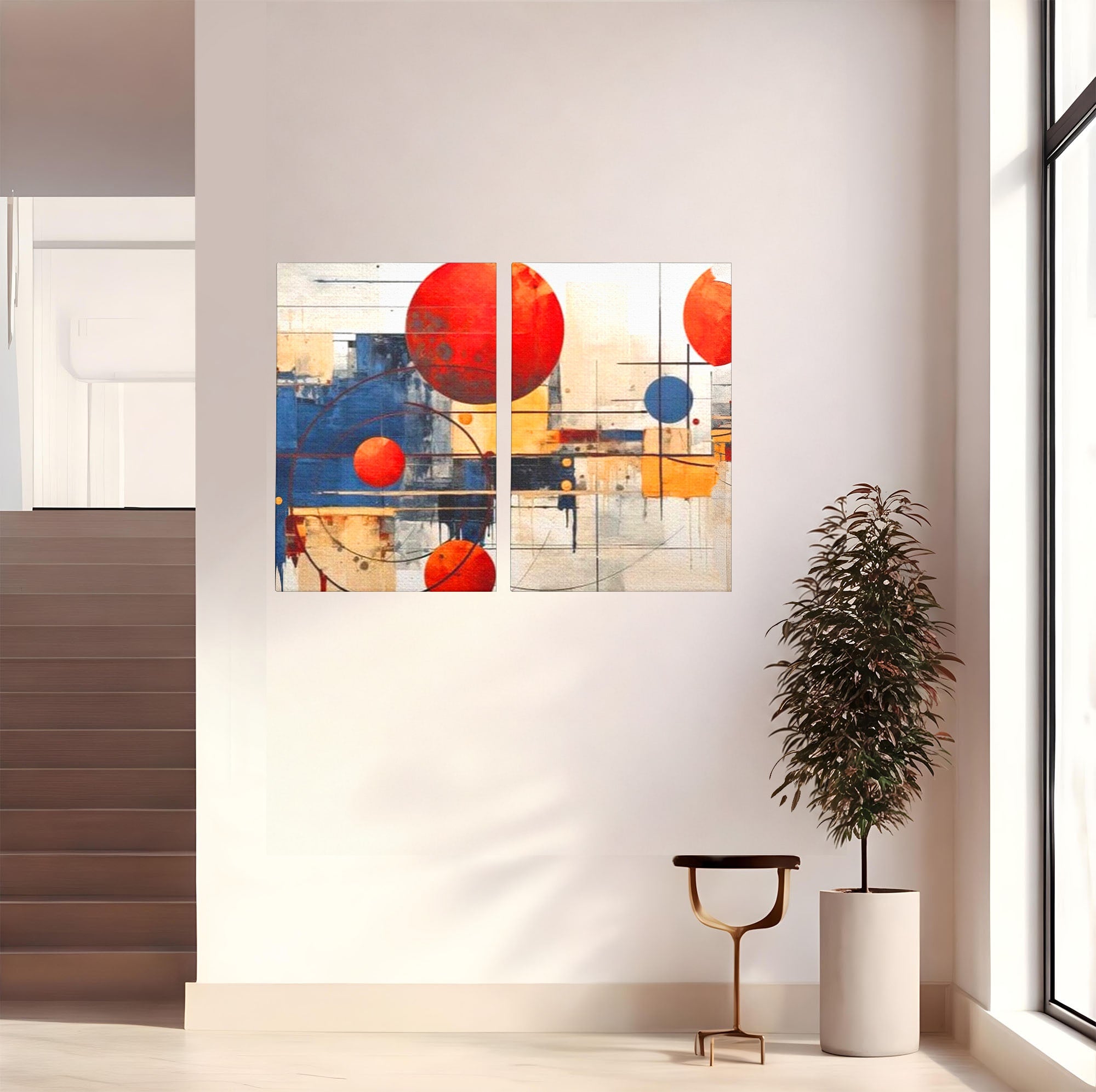 Set 2 Tablouri Canvas Premium LuxCanva® J2-1019, Spatiu Descompus, Sfere, Rosii, Portocaliu, Orbite, Linii, Urban, Contraste, Compozitional, Decorativ, Fantasmic, Living, Dormitor
