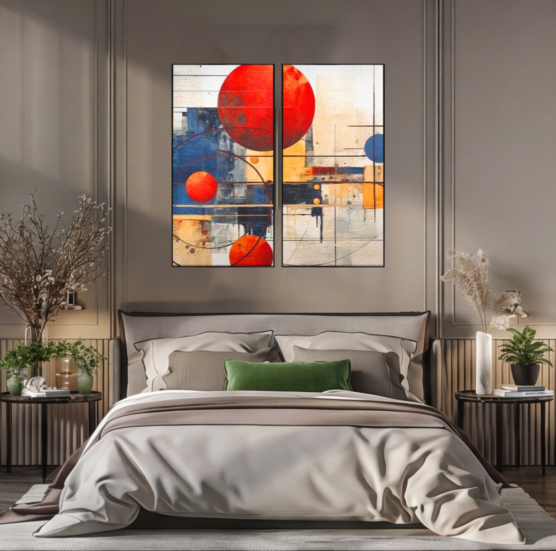 Set 2 Tablouri Canvas Premium LuxCanva® J2-1019, Spatiu Descompus, Sfere, Rosii, Portocaliu, Orbite, Linii, Urban, Contraste, Compozitional, Decorativ, Fantasmic, Living, Dormitor