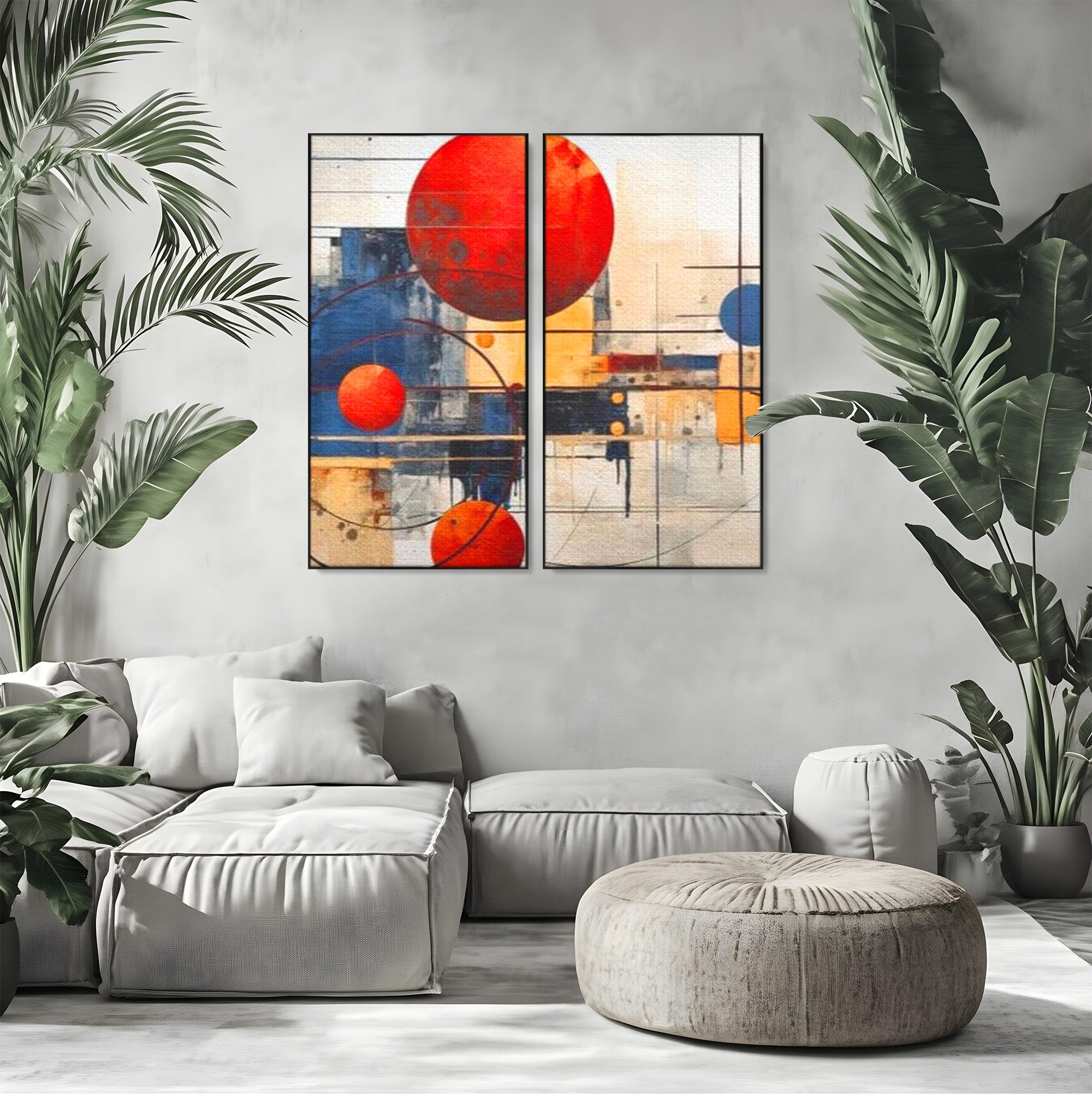 Set 2 Tablouri Canvas Premium LuxCanva® J2-1019, Spatiu Descompus, Sfere, Rosii, Portocaliu, Orbite, Linii, Urban, Contraste, Compozitional, Decorativ, Fantasmic, Living, Dormitor