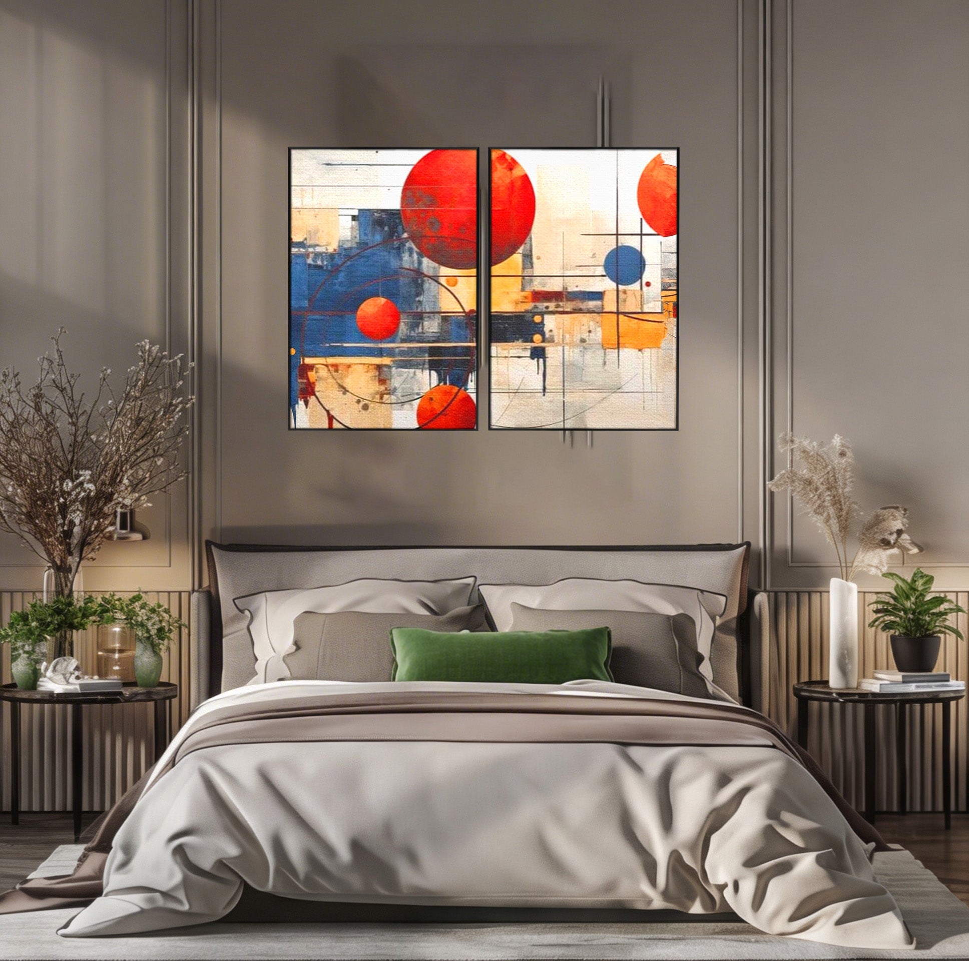 Set 2 Tablouri Canvas Premium LuxCanva® J2-1019, Spatiu Descompus, Sfere, Rosii, Portocaliu, Orbite, Linii, Urban, Contraste, Compozitional, Decorativ, Fantasmic, Living, Dormitor