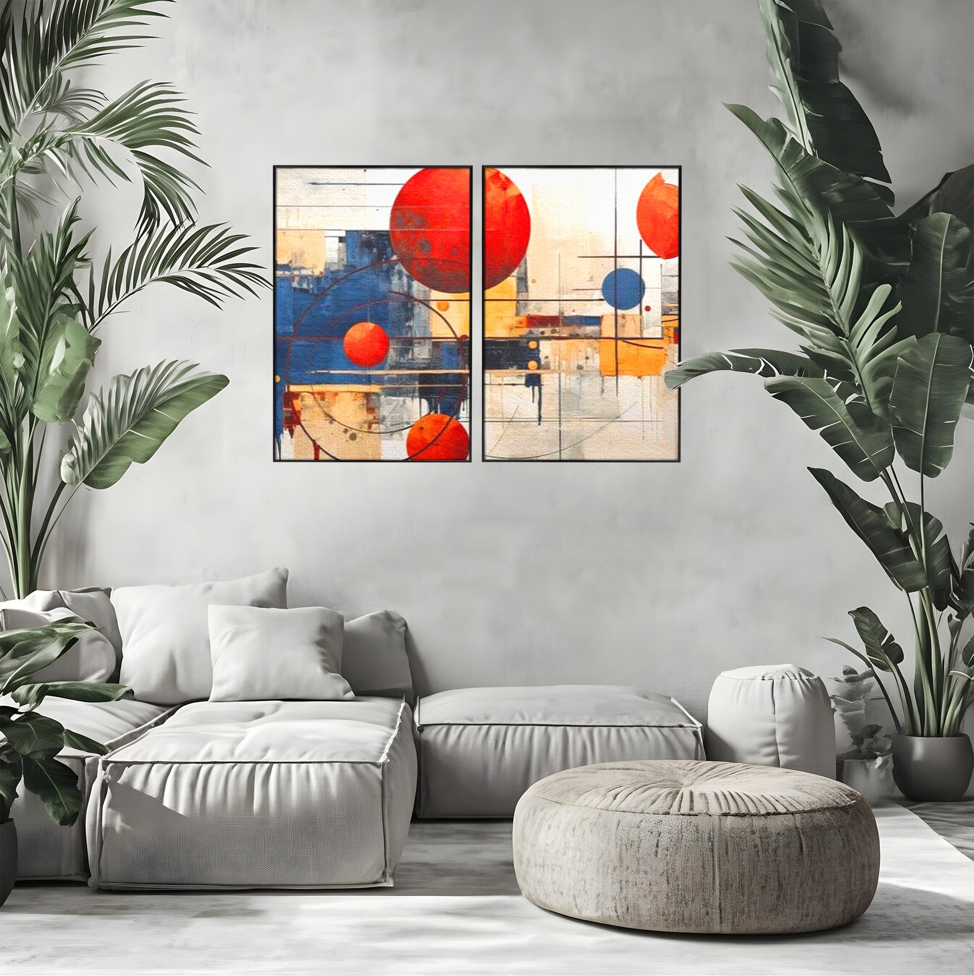 Set 2 Tablouri Canvas Premium LuxCanva® J2-1019, Spatiu Descompus, Sfere, Rosii, Portocaliu, Orbite, Linii, Urban, Contraste, Compozitional, Decorativ, Fantasmic, Living, Dormitor