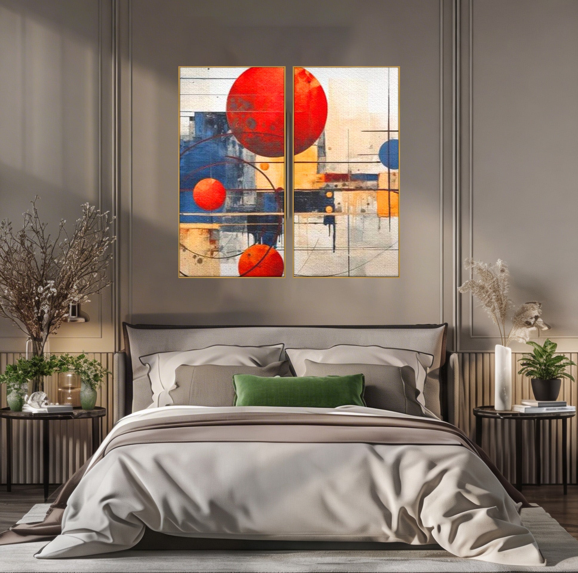 Set 2 Tablouri Canvas Premium LuxCanva® J2-1019, Spatiu Descompus, Sfere, Rosii, Portocaliu, Orbite, Linii, Urban, Contraste, Compozitional, Decorativ, Fantasmic, Living, Dormitor